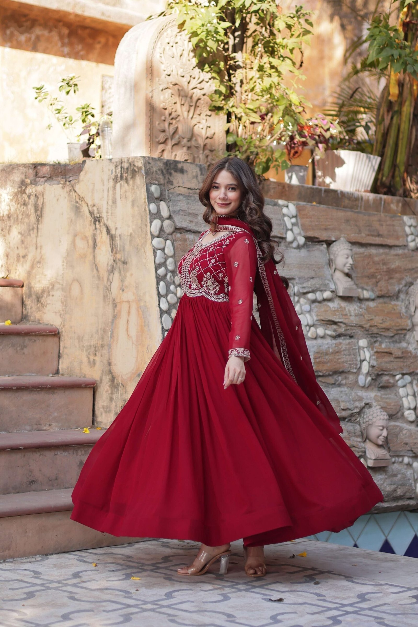 Maroon Faux Blooming Gown with Sequins & Beads Embroidered Dupatta