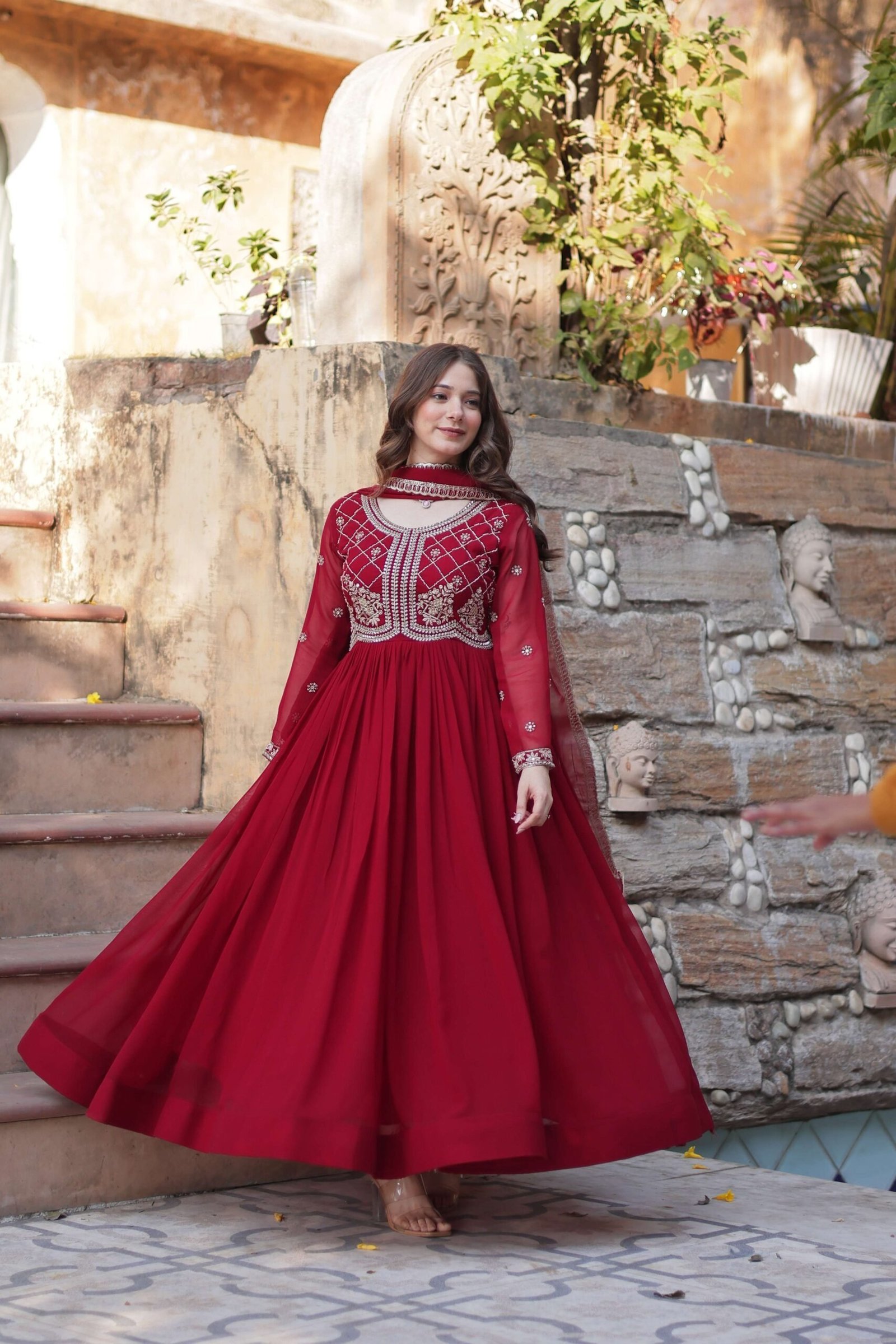 Maroon Faux Blooming Gown with Sequins & Beads Embroidered Dupatta