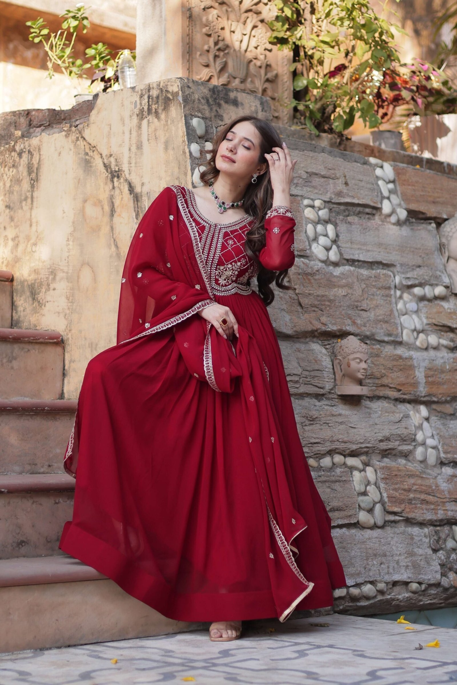 Maroon Faux Blooming Gown with Sequins & Beads Embroidered Dupatta