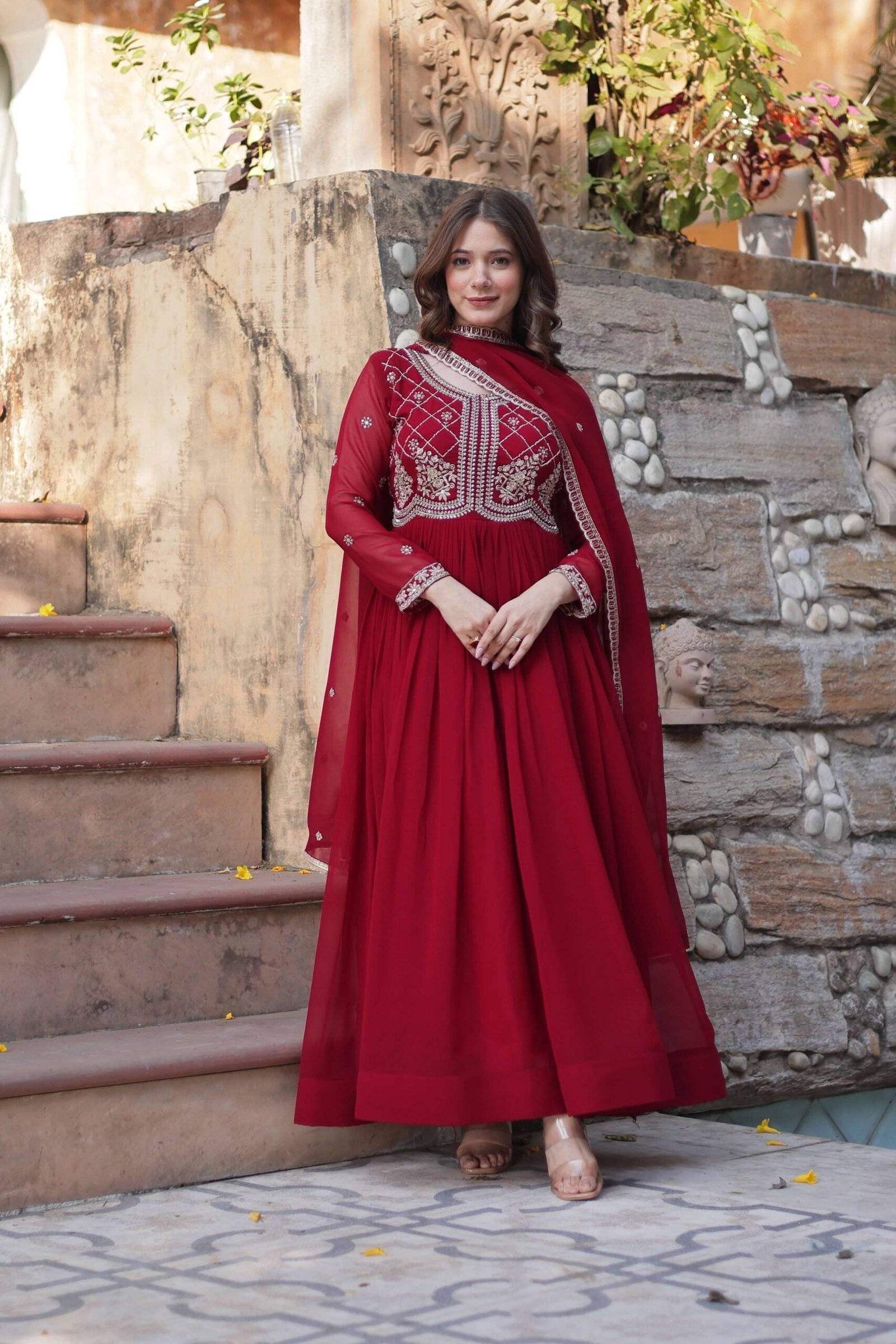 Maroon Faux Blooming Gown with Sequins & Beads Embroidered Dupatta