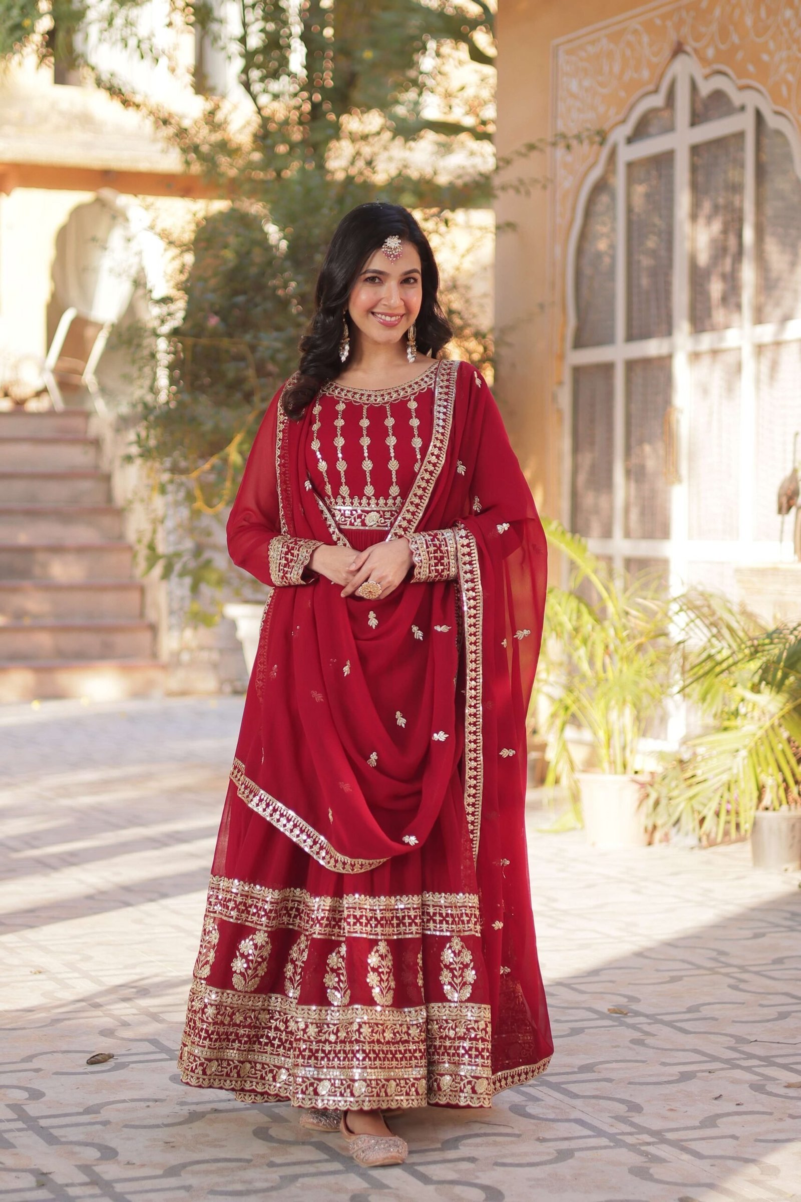 Maroon Faux Blooming Gown with Zari & Sequins Embroidered Dupatta with Designer Lace Border