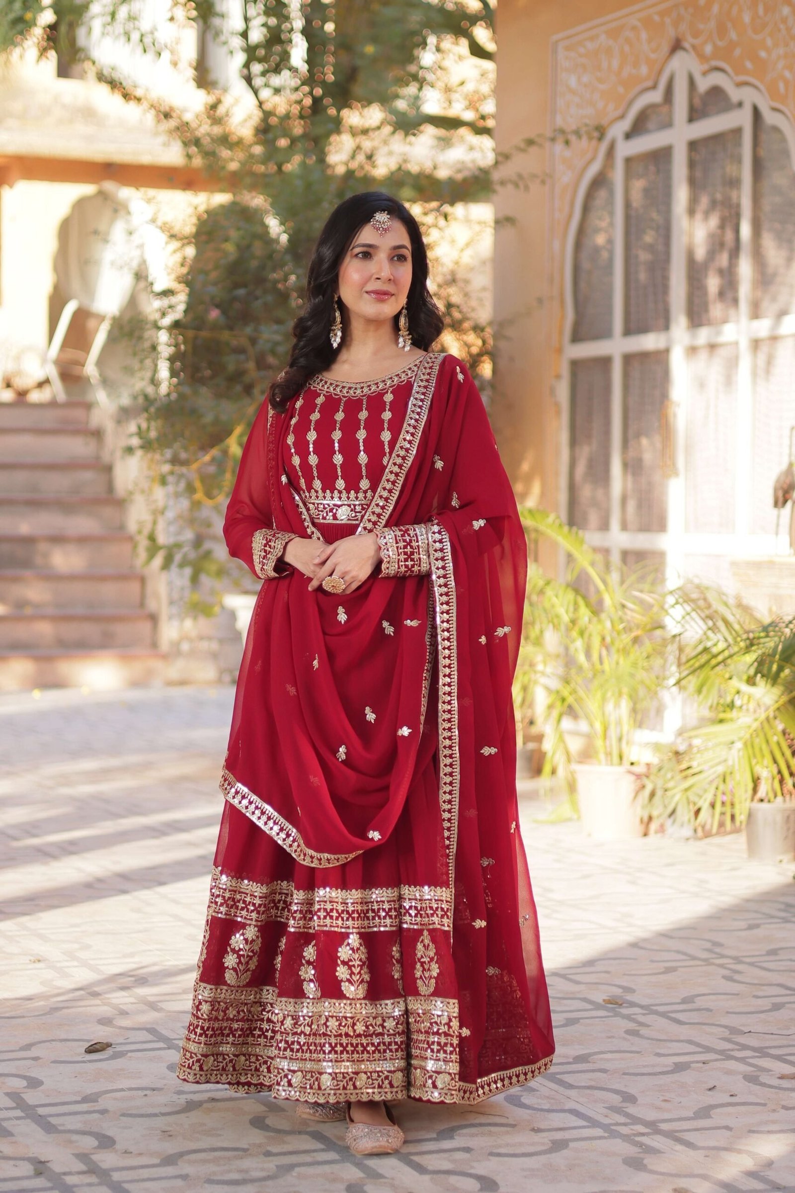 Maroon Faux Blooming Gown with Zari & Sequins Embroidered Dupatta with Designer Lace Border