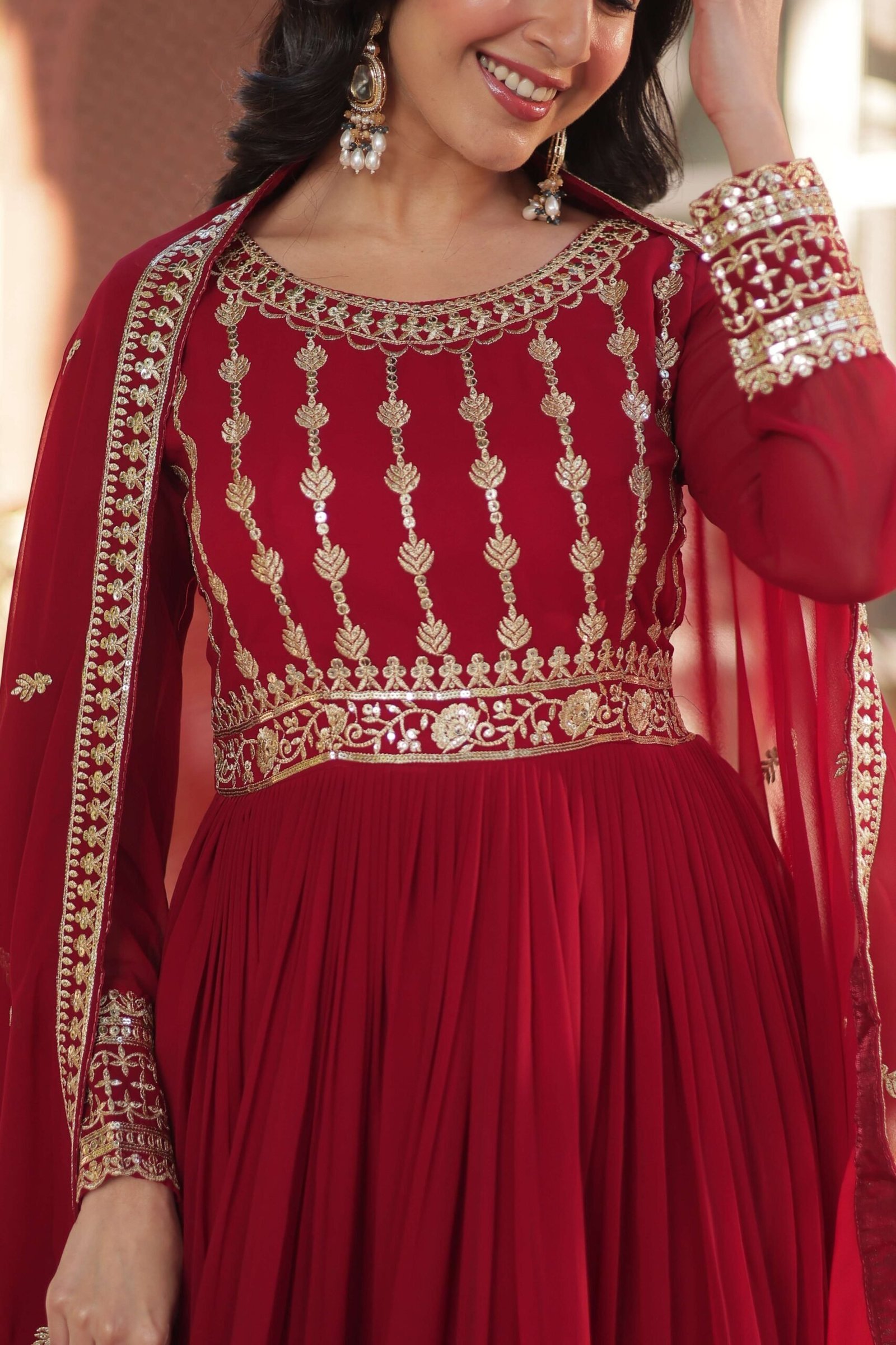 Maroon Faux Blooming Gown with Zari & Sequins Embroidered Dupatta with Designer Lace Border