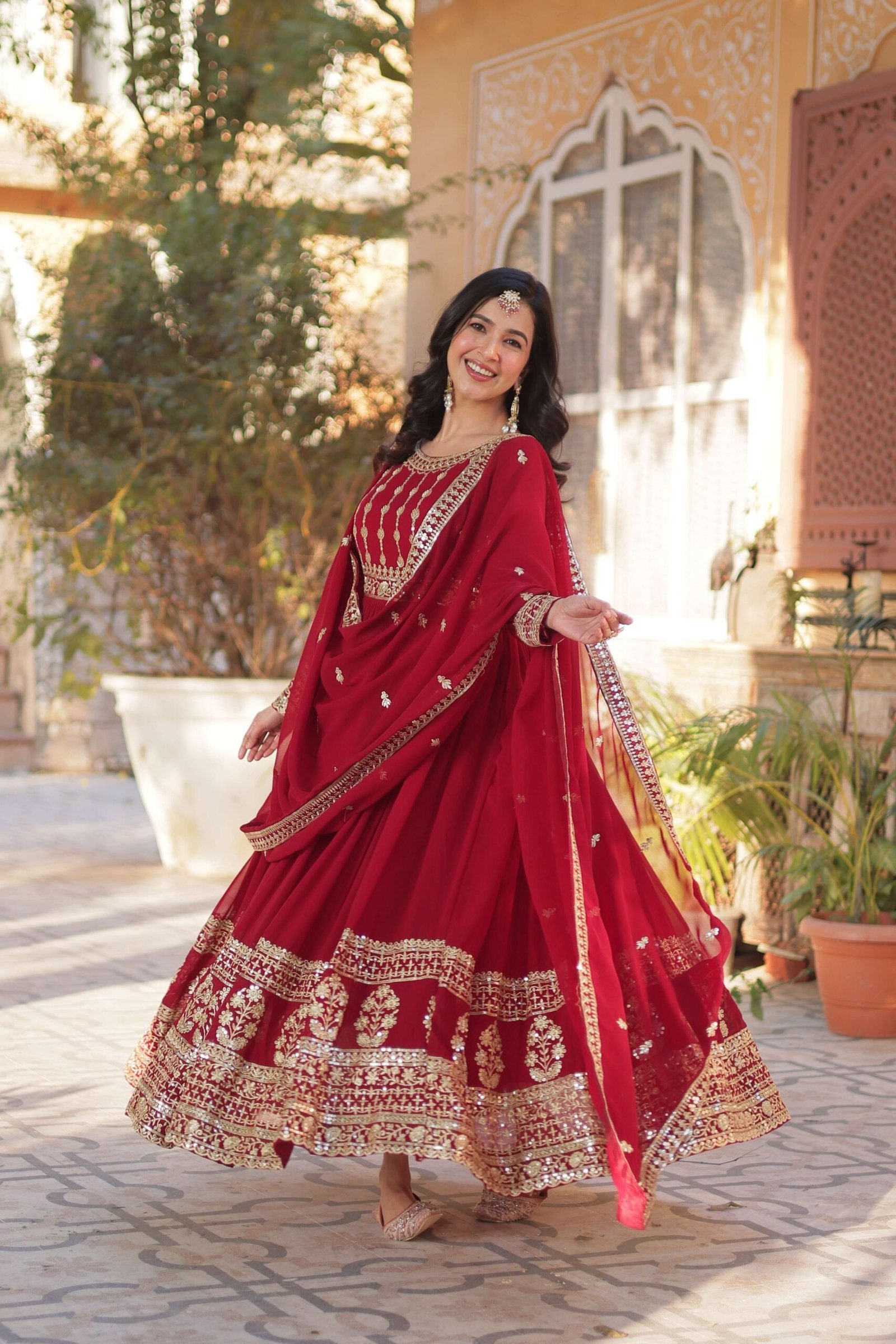 Maroon Faux Blooming Gown with Zari & Sequins Embroidered Dupatta with Designer Lace Border
