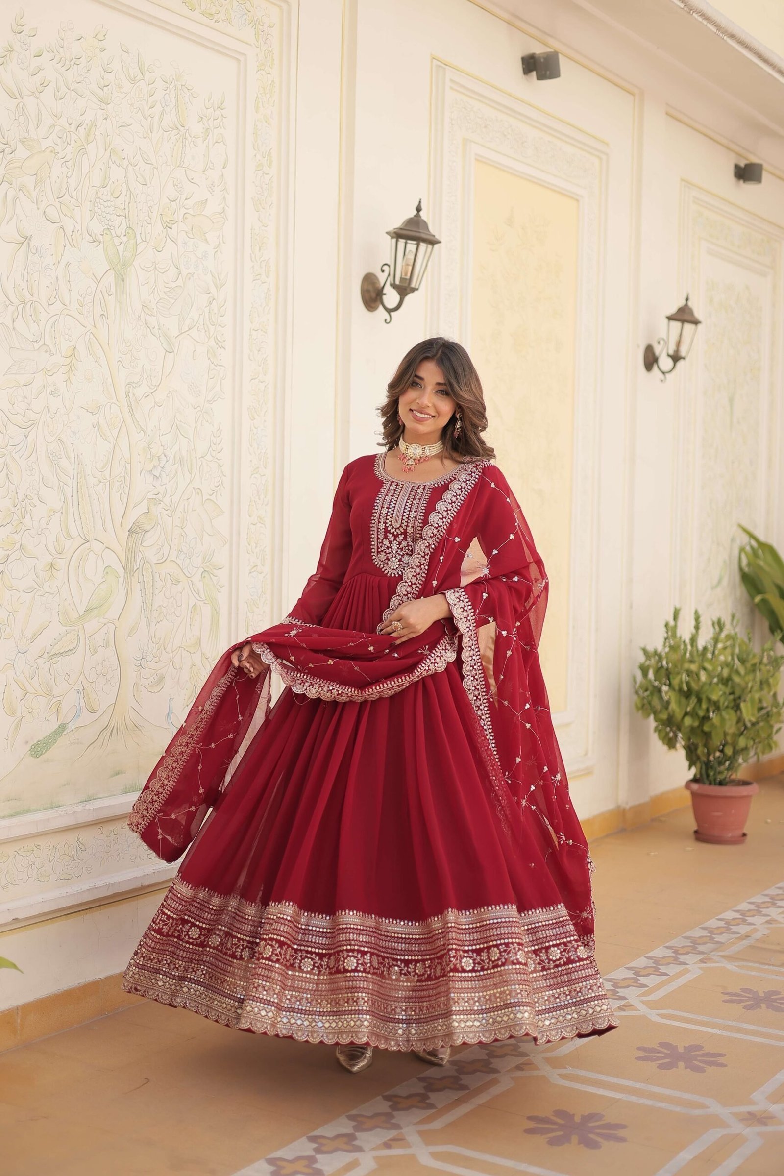 Maroon Faux Blooming Sequins Embroidered Gown with Matching Dupatta ? Festive & Party Wear 2024