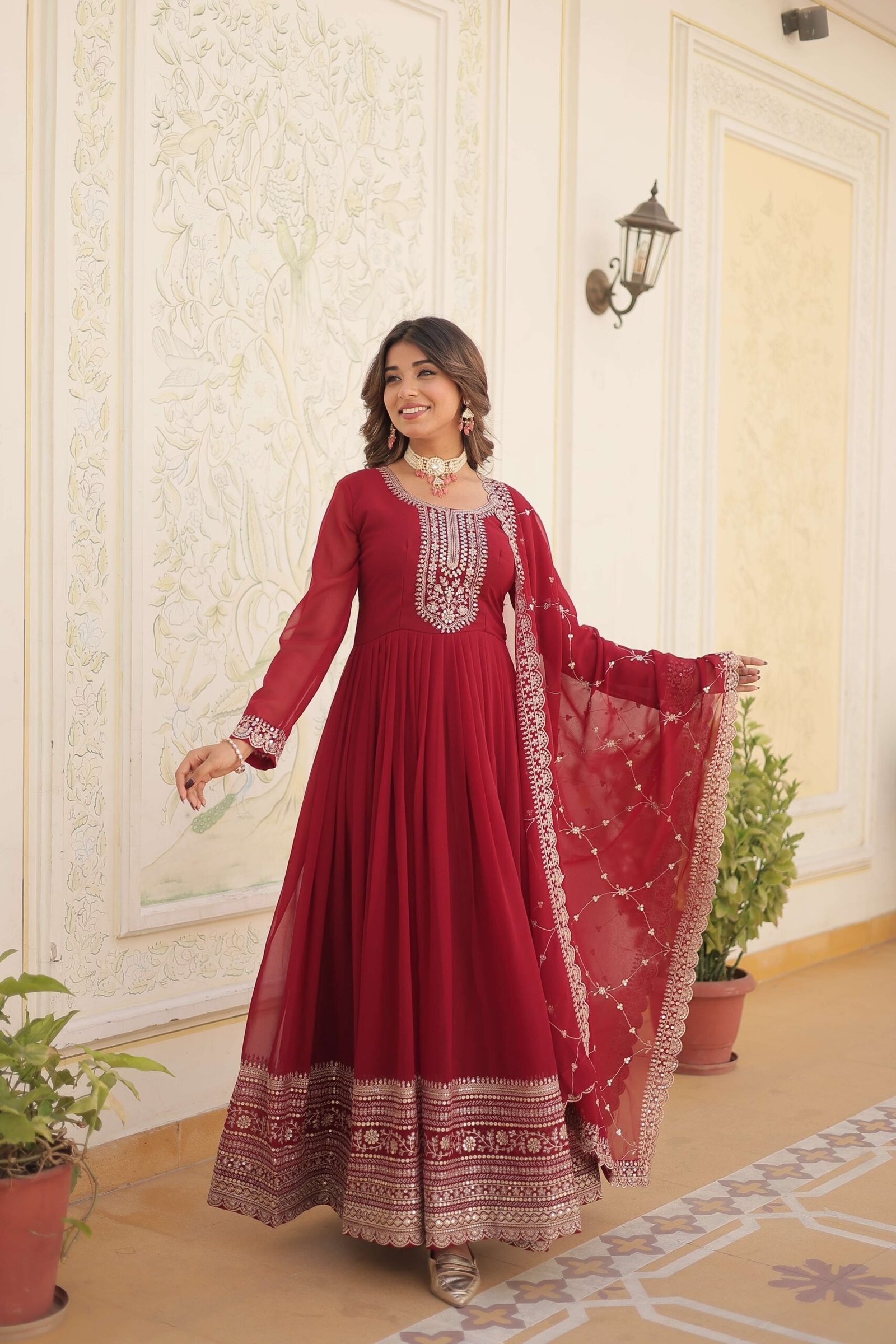 Maroon Faux Blooming Sequins Embroidered Gown with Matching Dupatta ? Festive & Party Wear 2024