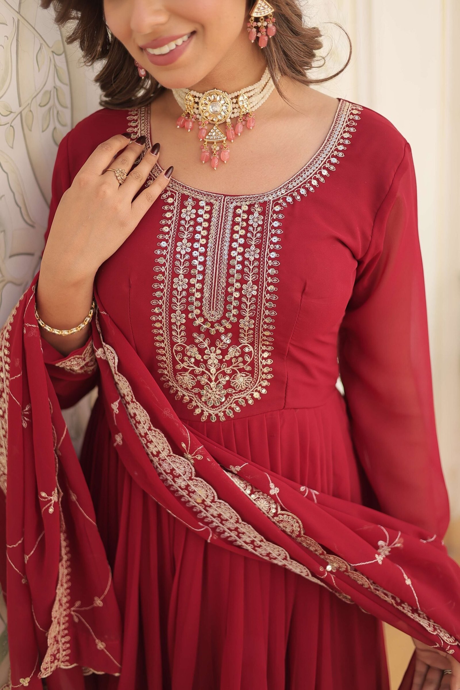 Maroon Faux Blooming Sequins Embroidered Gown with Matching Dupatta ? Festive & Party Wear 2024