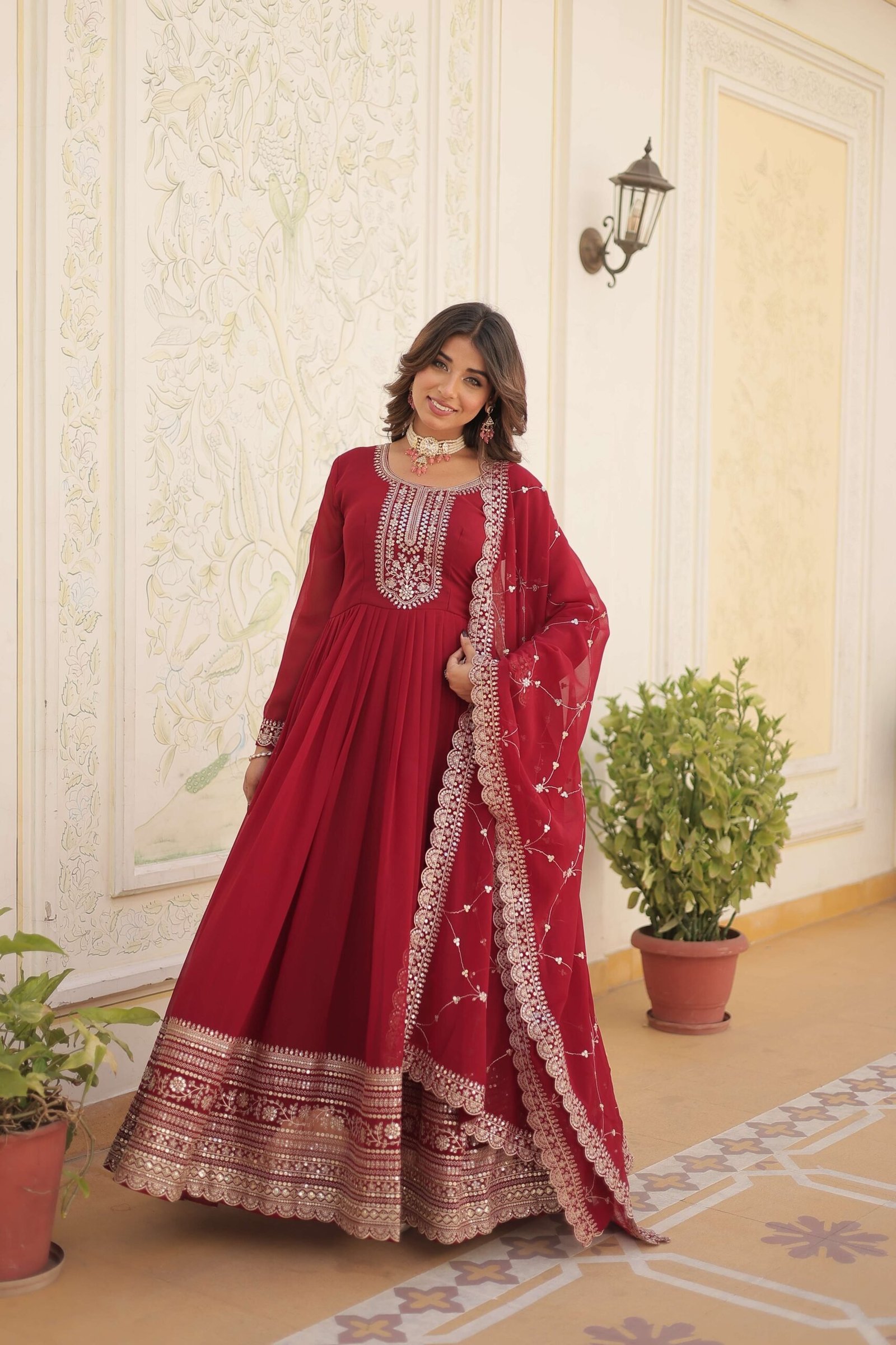 Maroon Faux Blooming Sequins Embroidered Gown with Matching Dupatta ? Festive & Party Wear 2024