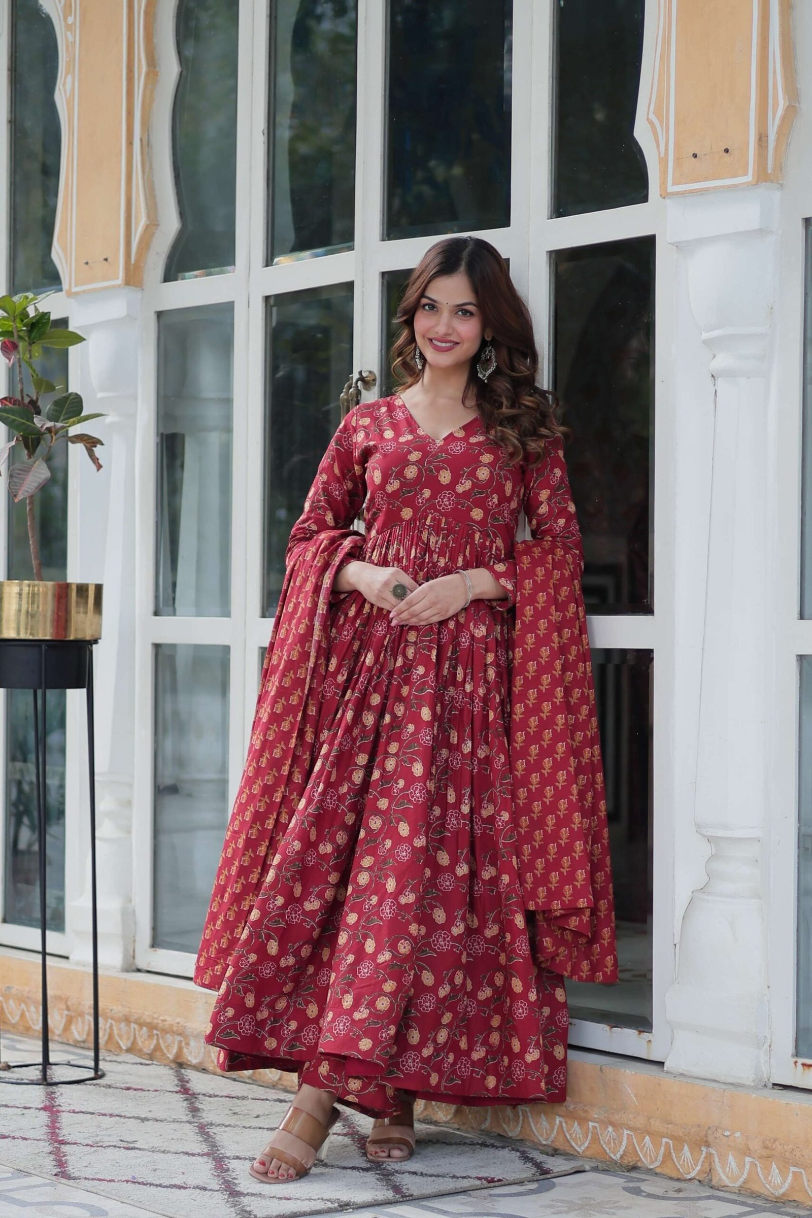 Maroon Premium Cotton Gown with Pant & Dupatta Set