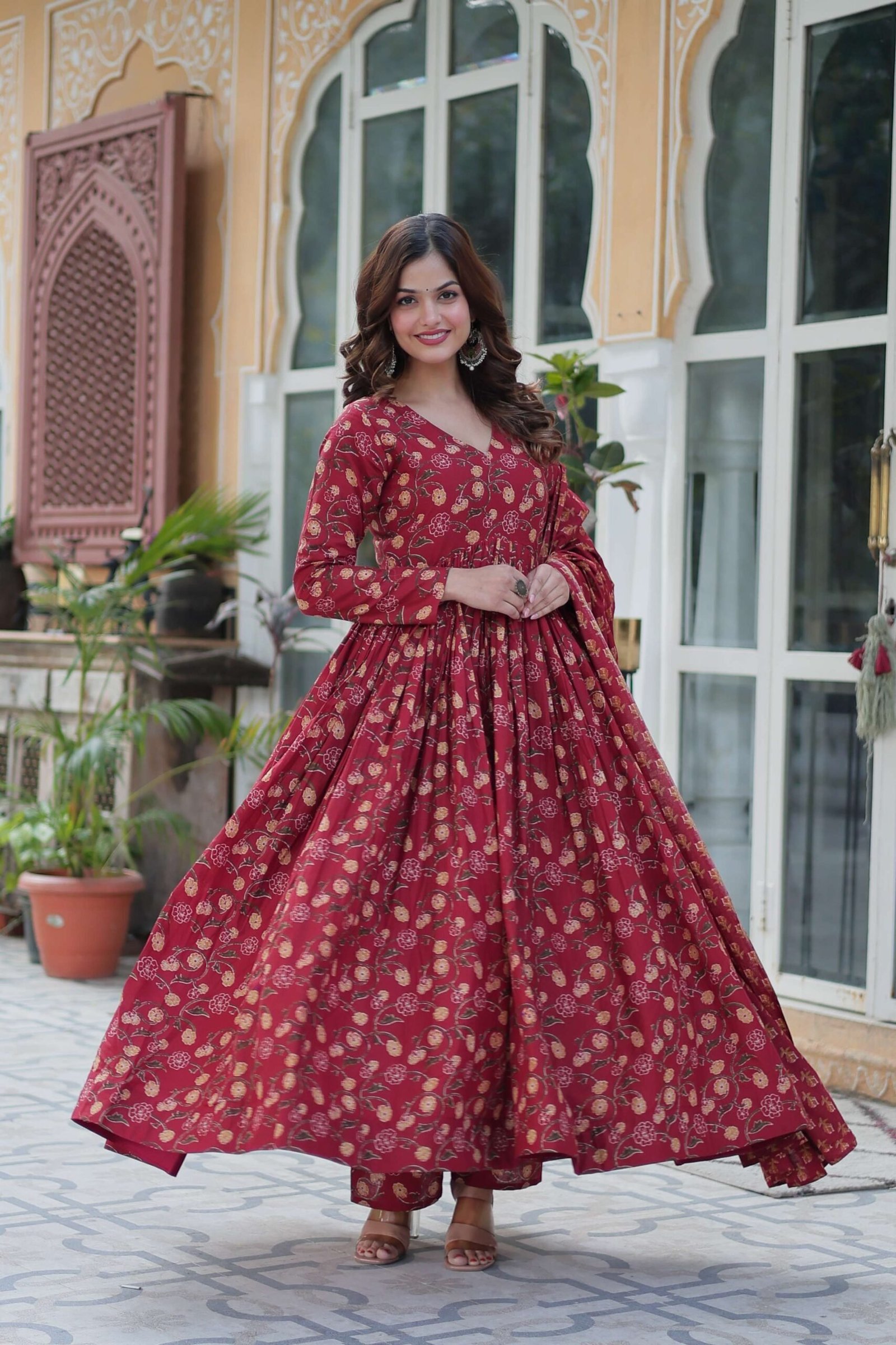 Maroon Premium Cotton Gown with Pant & Dupatta Set