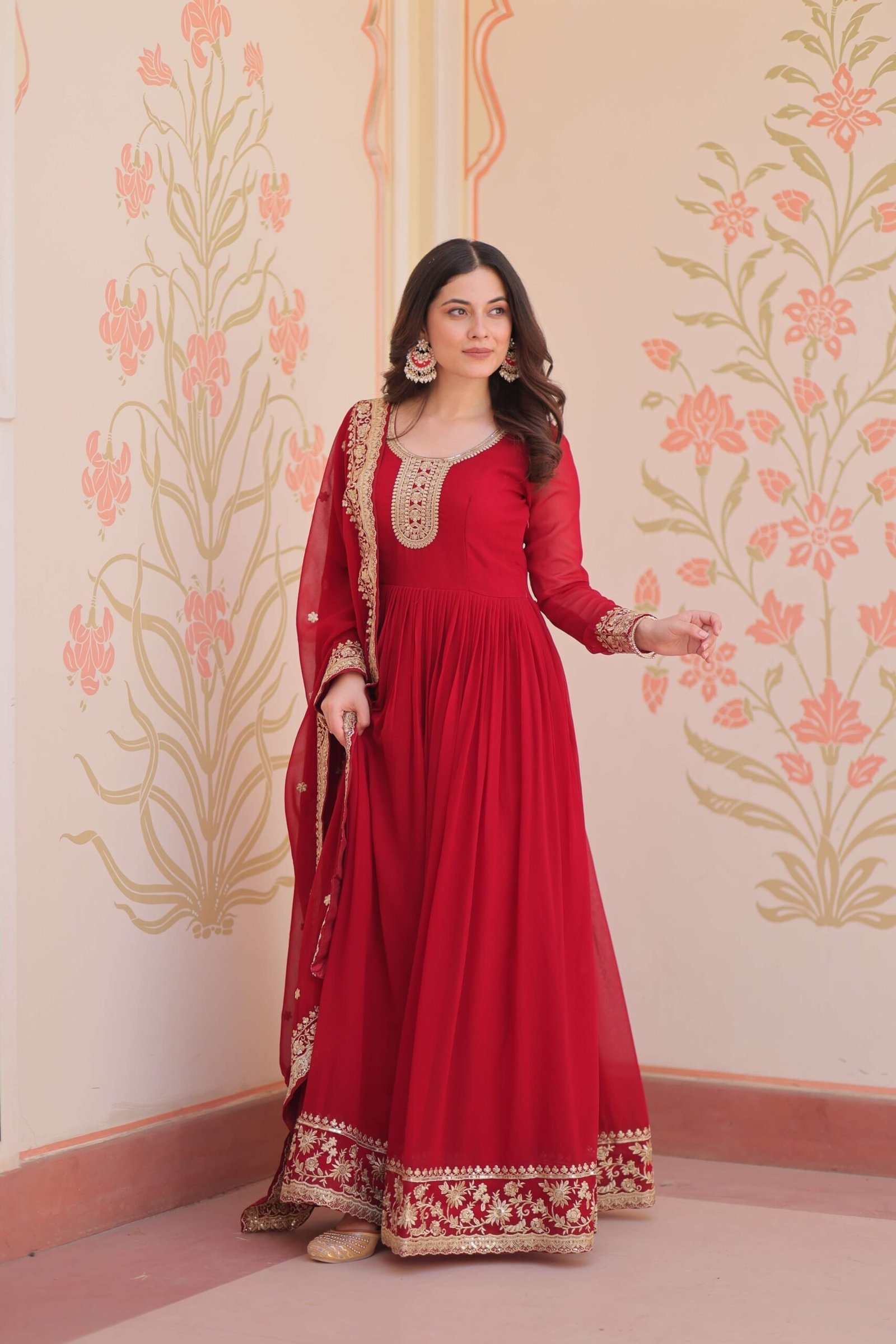 Maroon Premium Faux Blooming Gown with Zari & Sequins Embroidered Dupatta ? Designer Collection