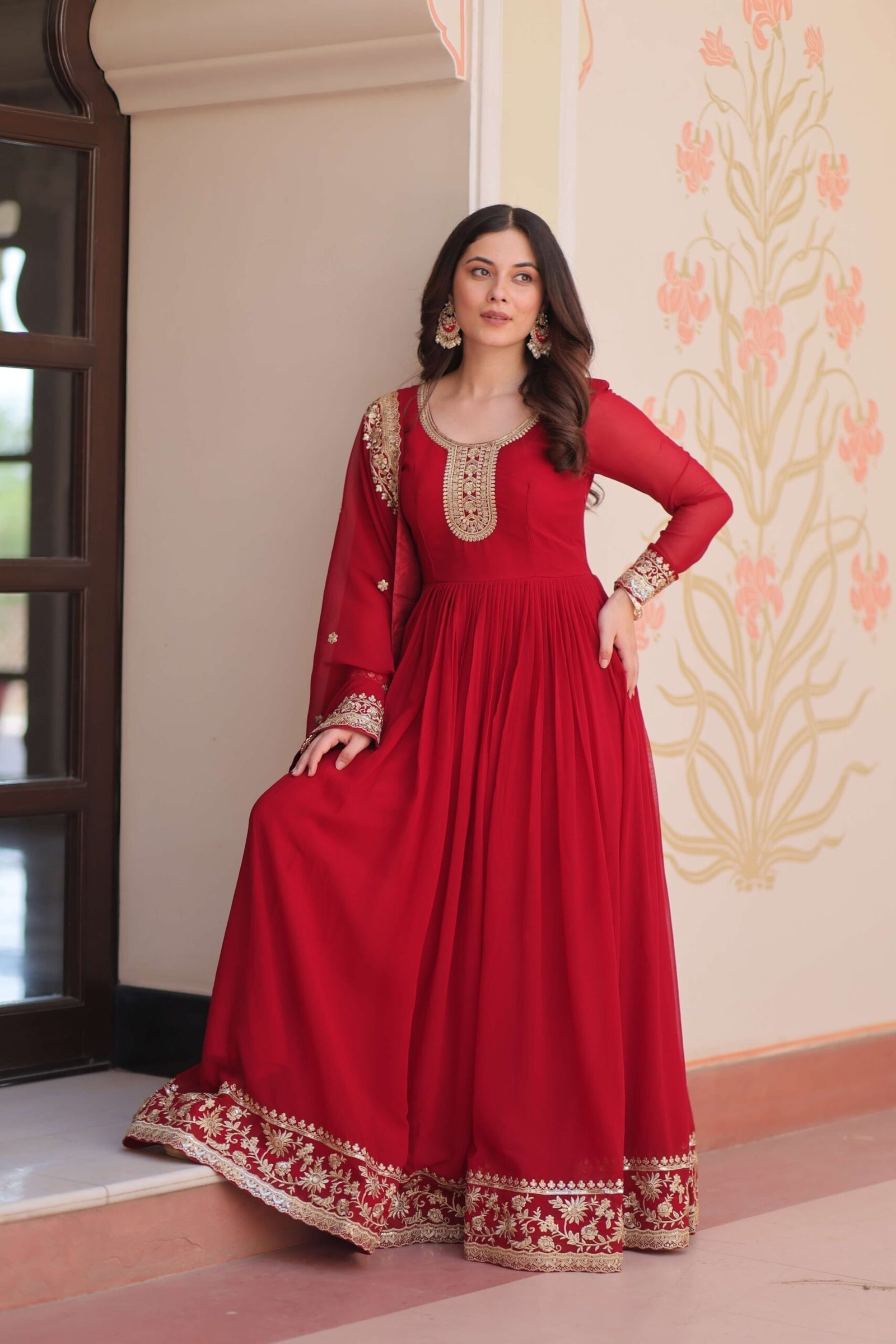 Maroon Premium Faux Blooming Gown with Zari & Sequins Embroidered Dupatta ? Designer Collection