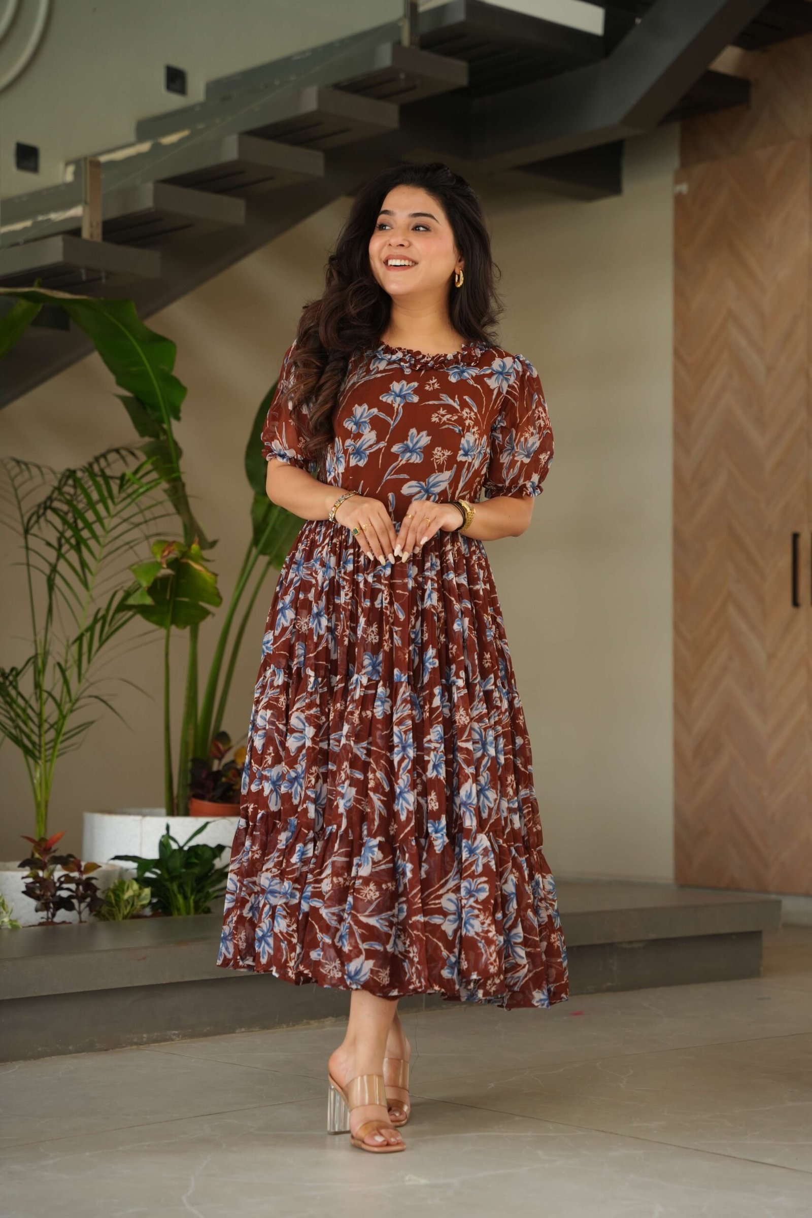 Maroon Premium Faux Georgette Printed Gown ? Half Sleeve, Full Flair