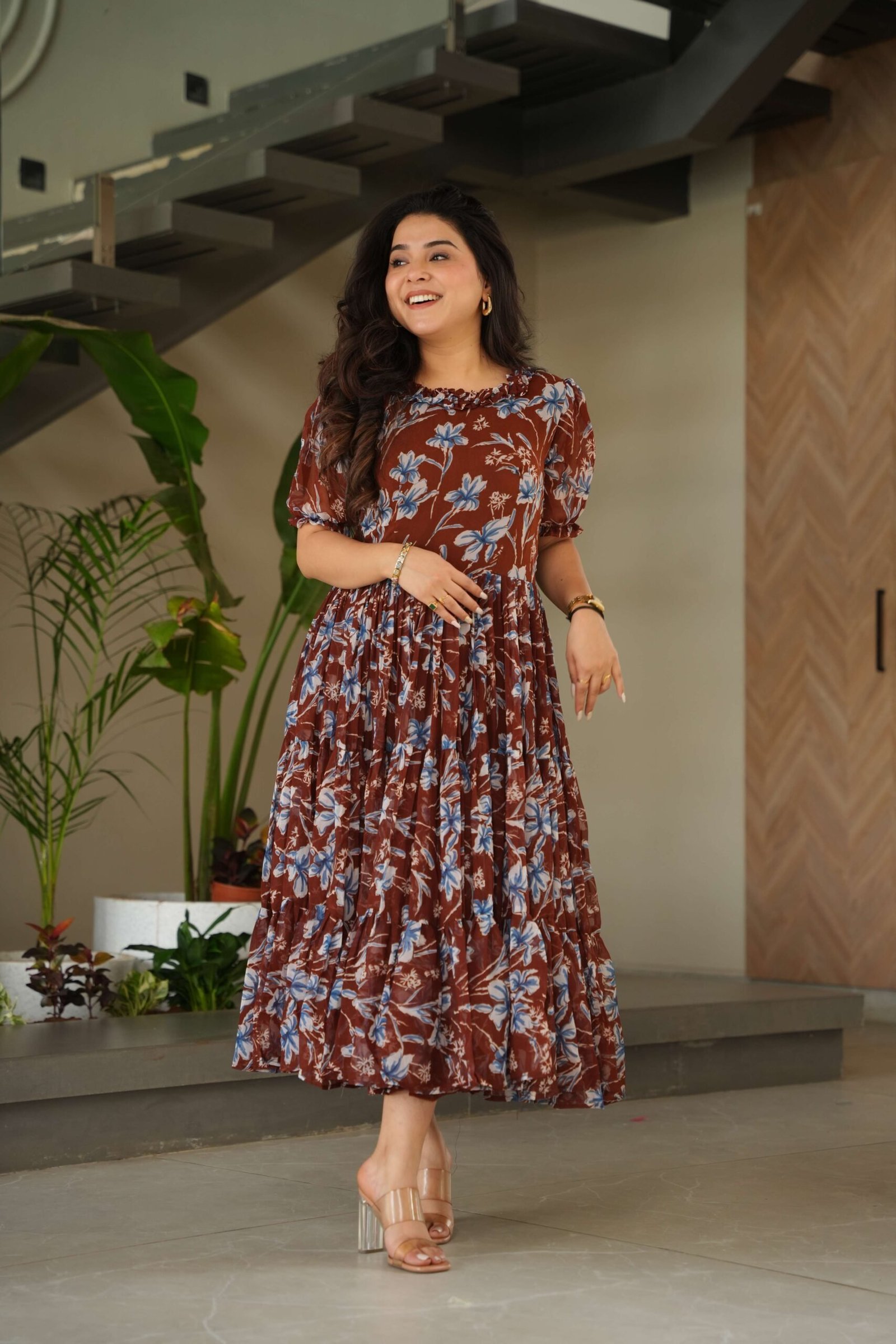 Maroon Premium Faux Georgette Printed Gown ? Half Sleeve, Full Flair