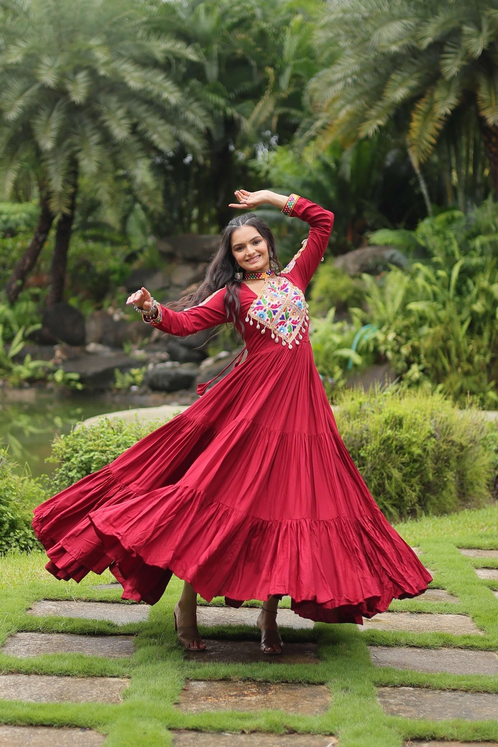Maroon Reyon Partywear Gown with Kutchi Gamthi Work