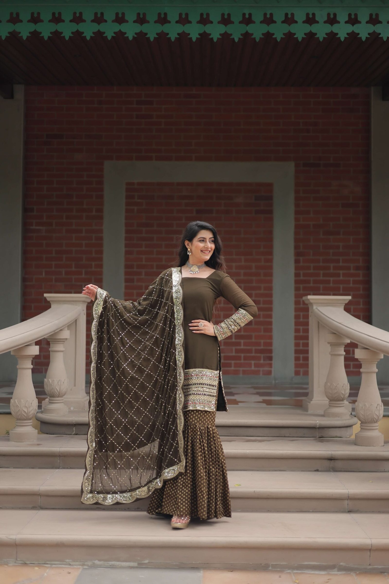 Mehandi Faux Blooming Sequins Embroidered Gown with Matching Dupatta