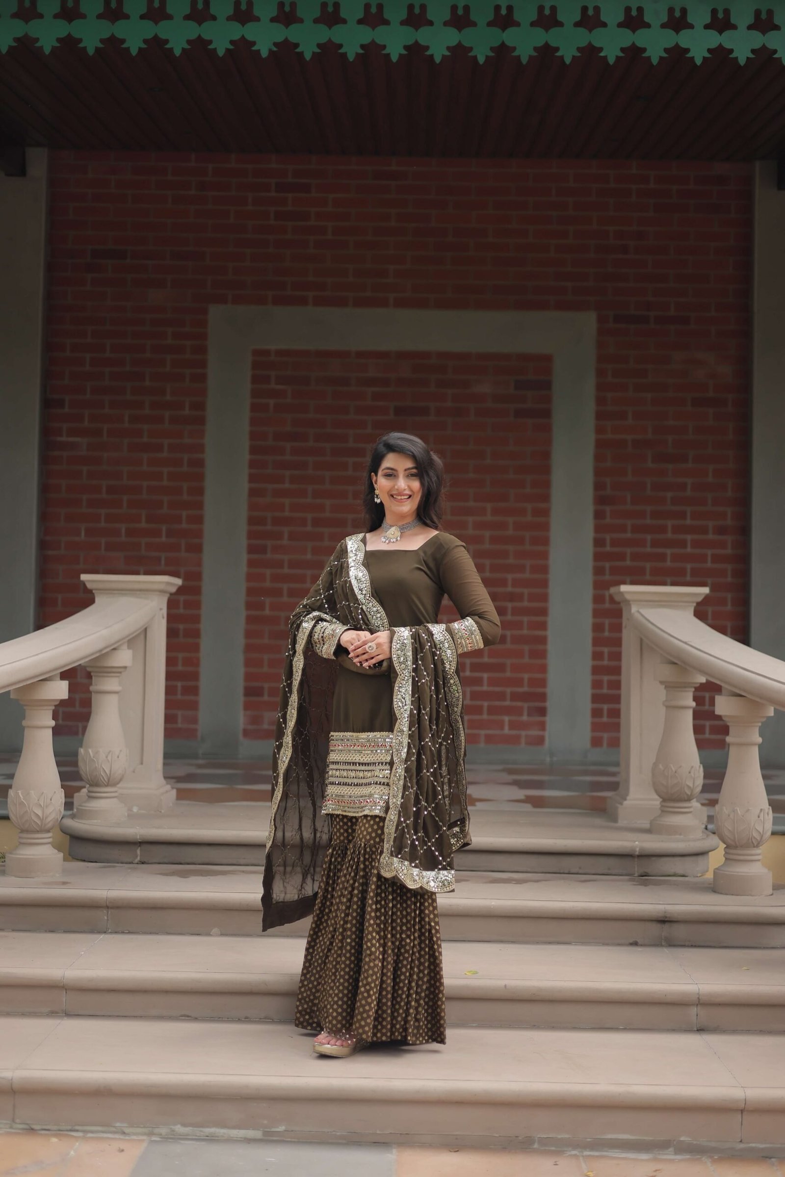 Mehandi Faux Blooming Sequins Embroidered Gown with Matching Dupatta