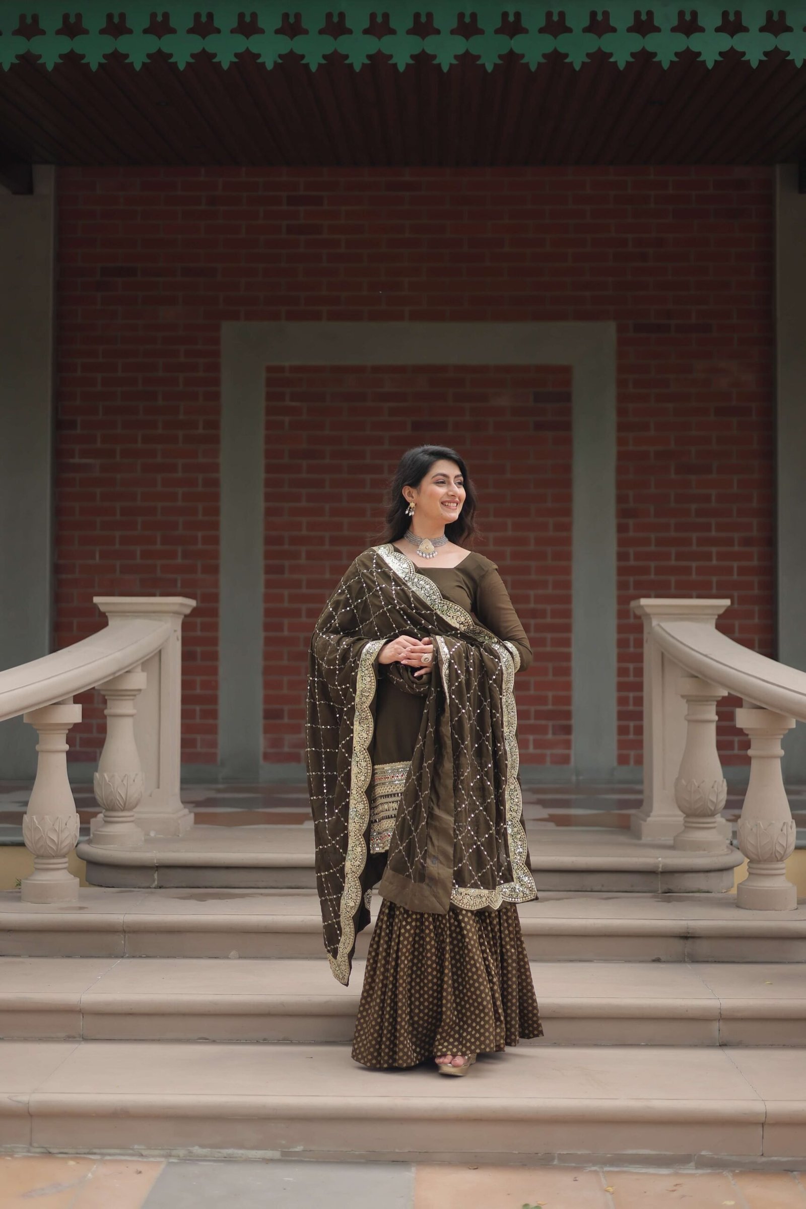Mehandi Faux Blooming Sequins Embroidered Gown with Matching Dupatta