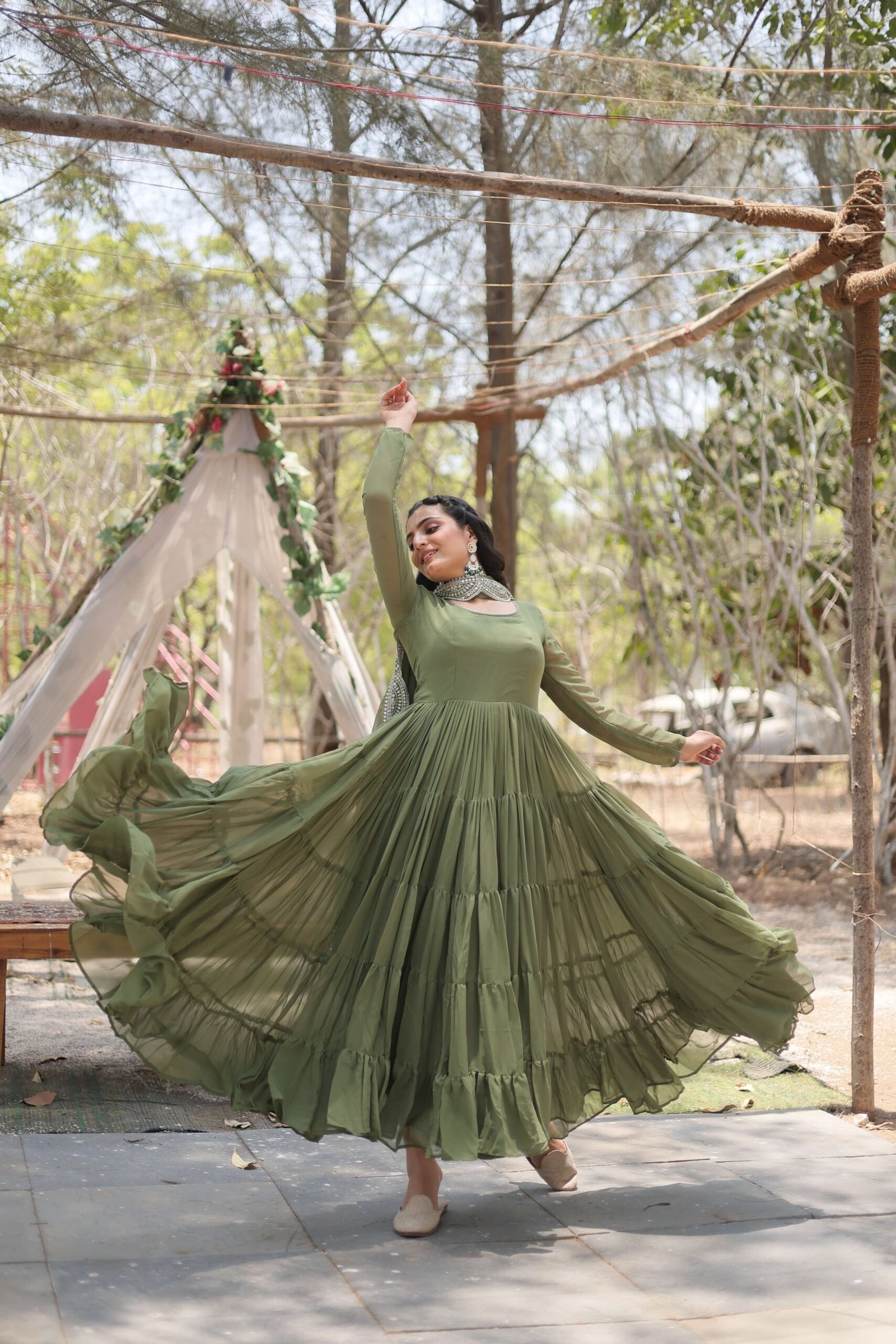 Mehandi Premium Faux Georgette Designer Gown with Sequined Dupatta ? Fully Flaired Ready-to-Wear Set