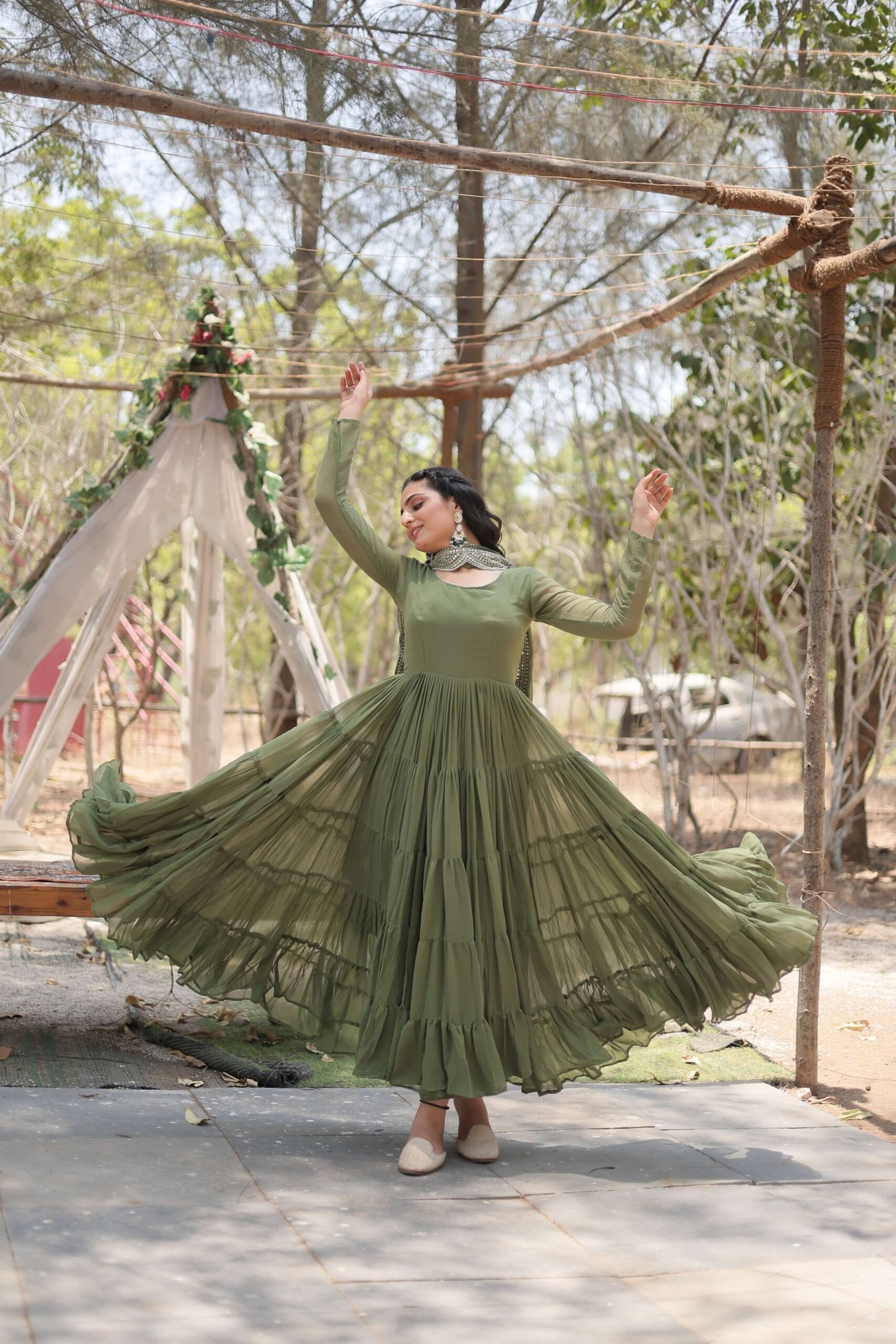 Mehandi Premium Faux Georgette Designer Gown with Sequined Dupatta ? Fully Flaired Ready-to-Wear Set
