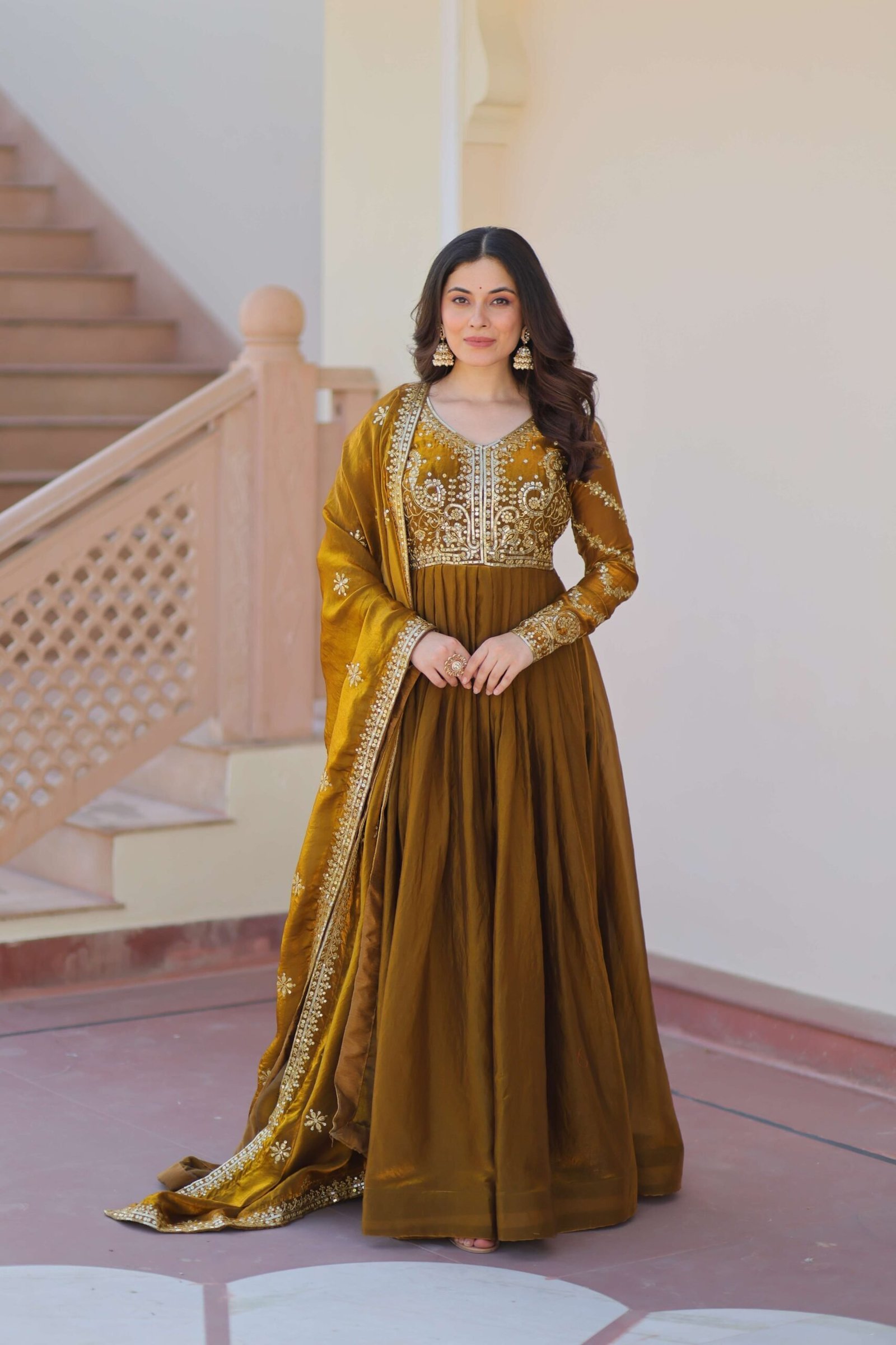 Mehandi Premium Fendy Fabric Gown with Sequins-Multi Embroidered Dupatta ? Elegant Partywear