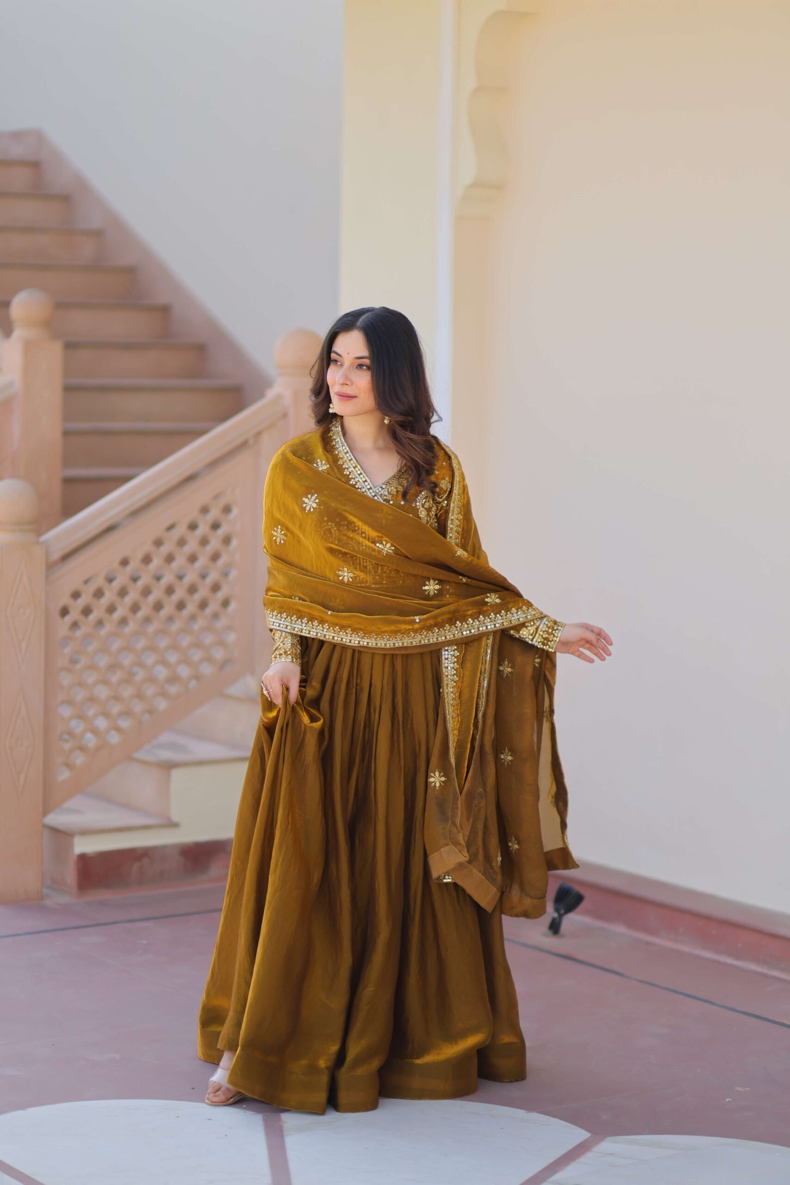 Mehandi Premium Fendy Fabric Gown with Sequins-Multi Embroidered Dupatta ? Elegant Partywear