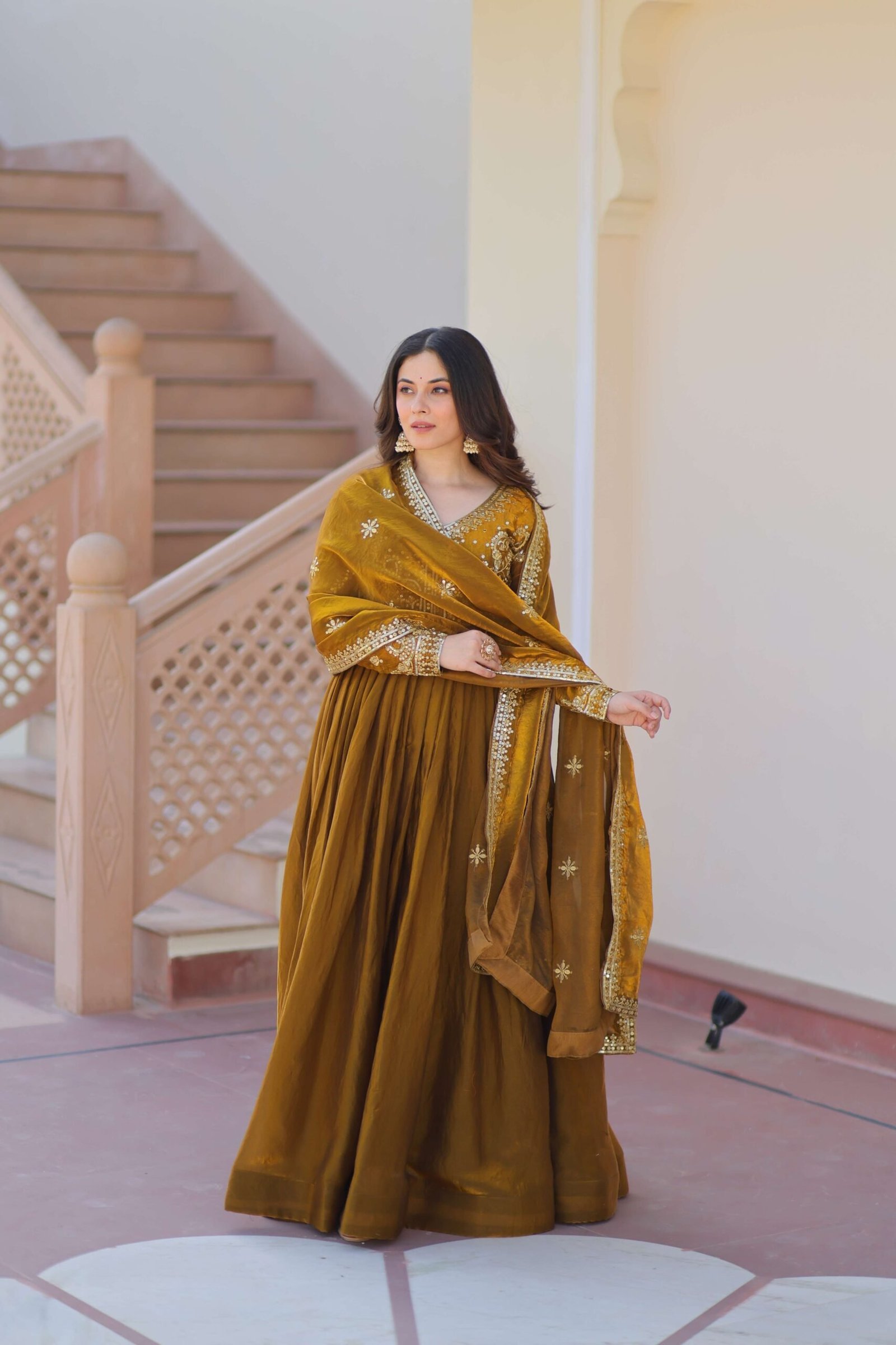 Mehandi Premium Fendy Fabric Gown with Sequins-Multi Embroidered Dupatta ? Elegant Partywear