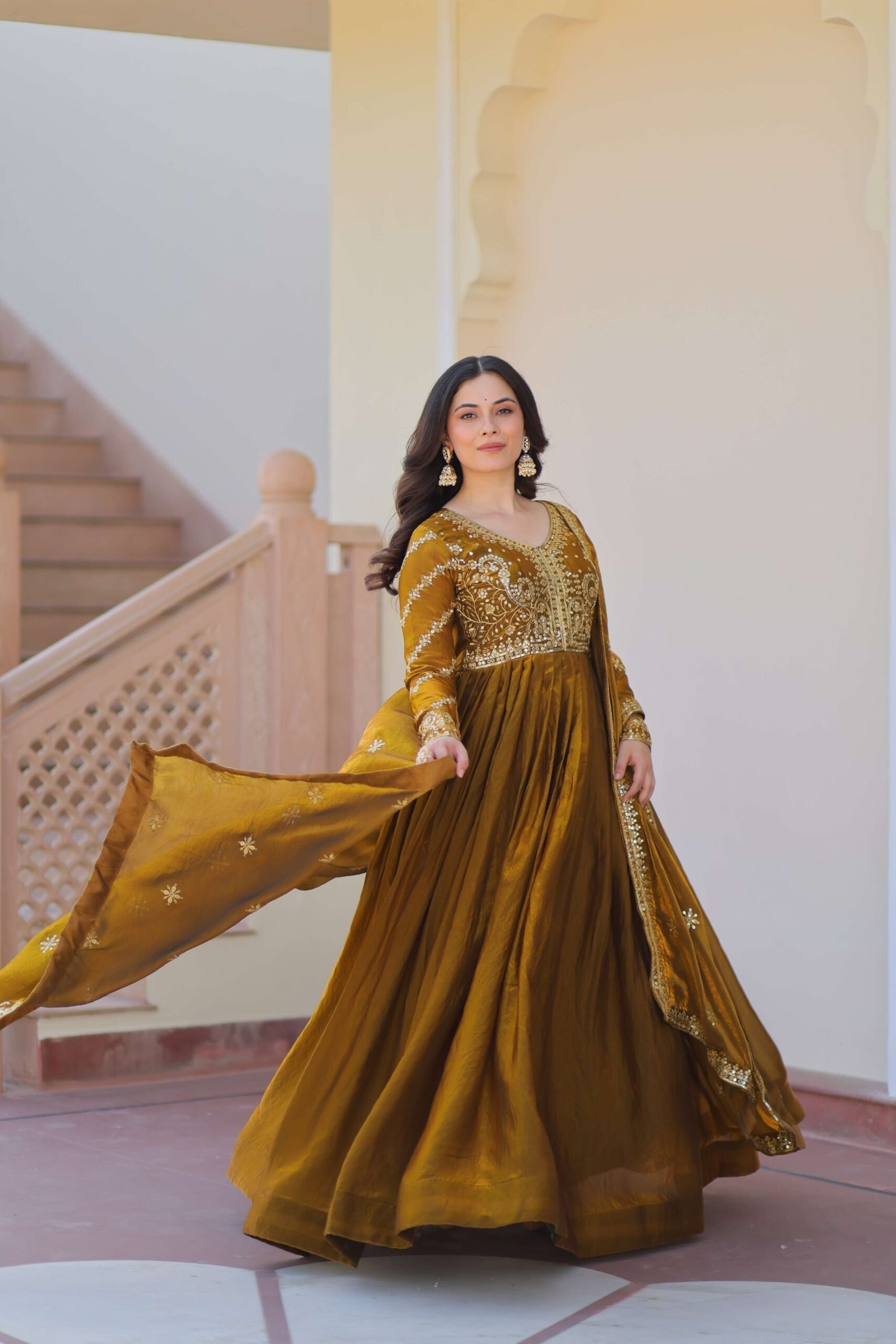 Mehandi Premium Fendy Fabric Gown with Sequins-Multi Embroidered Dupatta ? Elegant Partywear