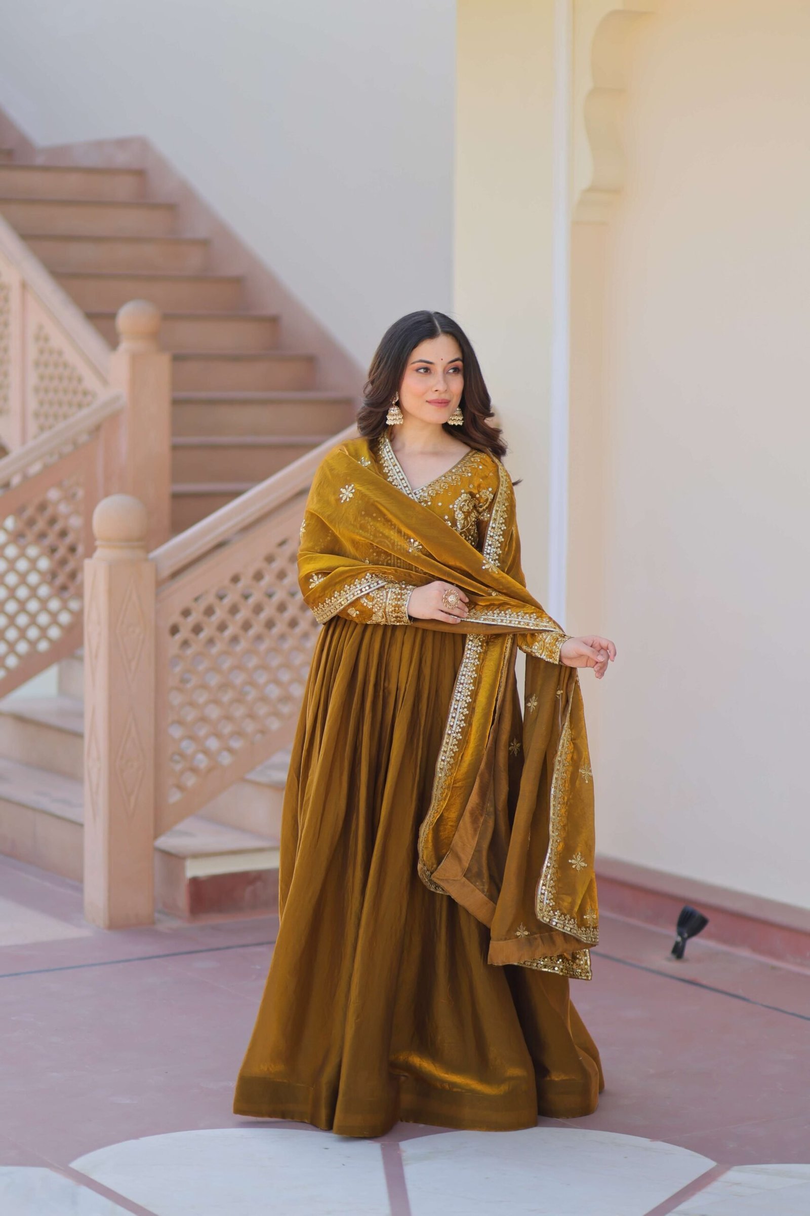 Mehandi Premium Fendy Fabric Gown with Sequins-Multi Embroidered Dupatta ? Elegant Partywear