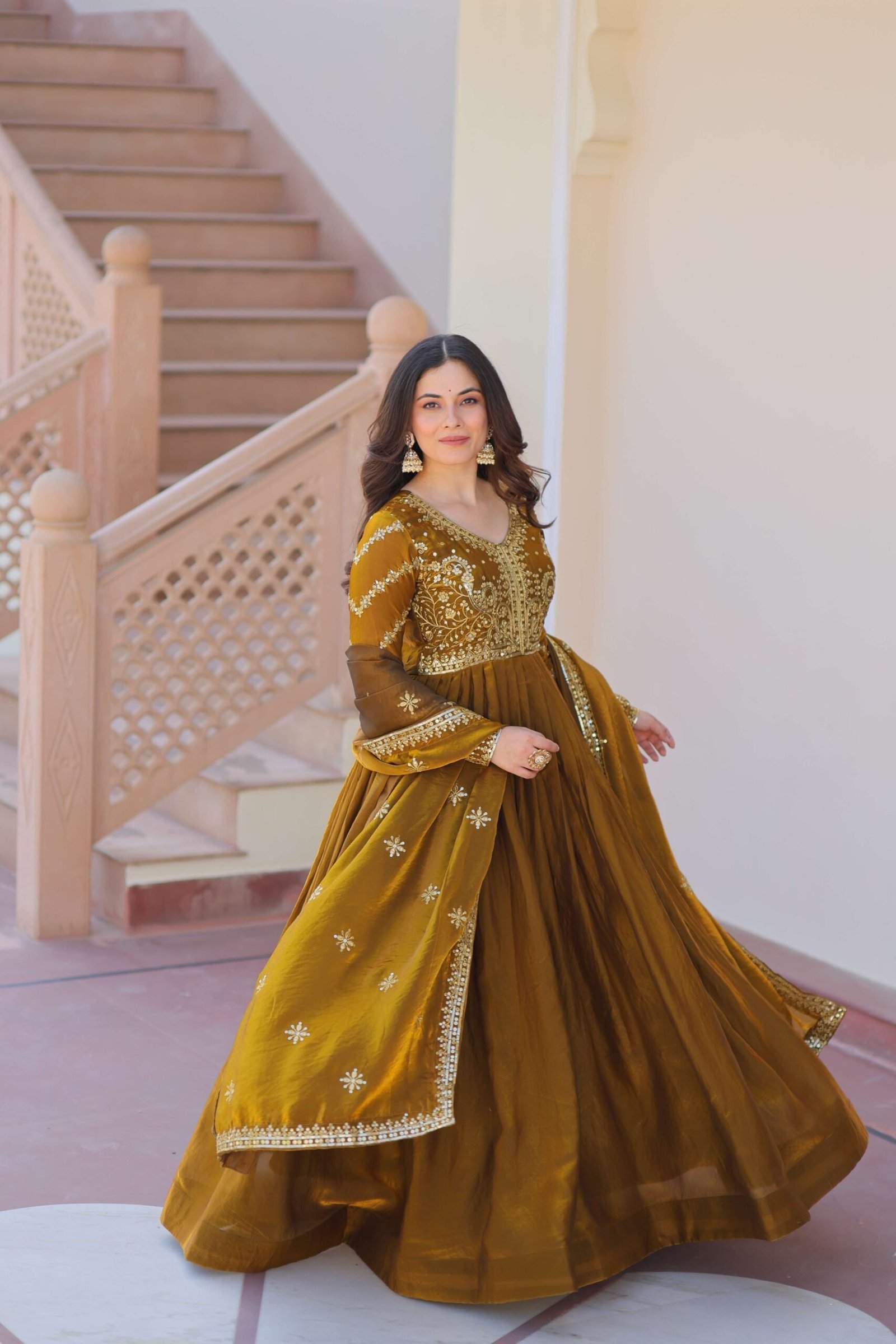 Mehandi Premium Fendy Fabric Gown with Sequins-Multi Embroidered Dupatta ? Elegant Partywear