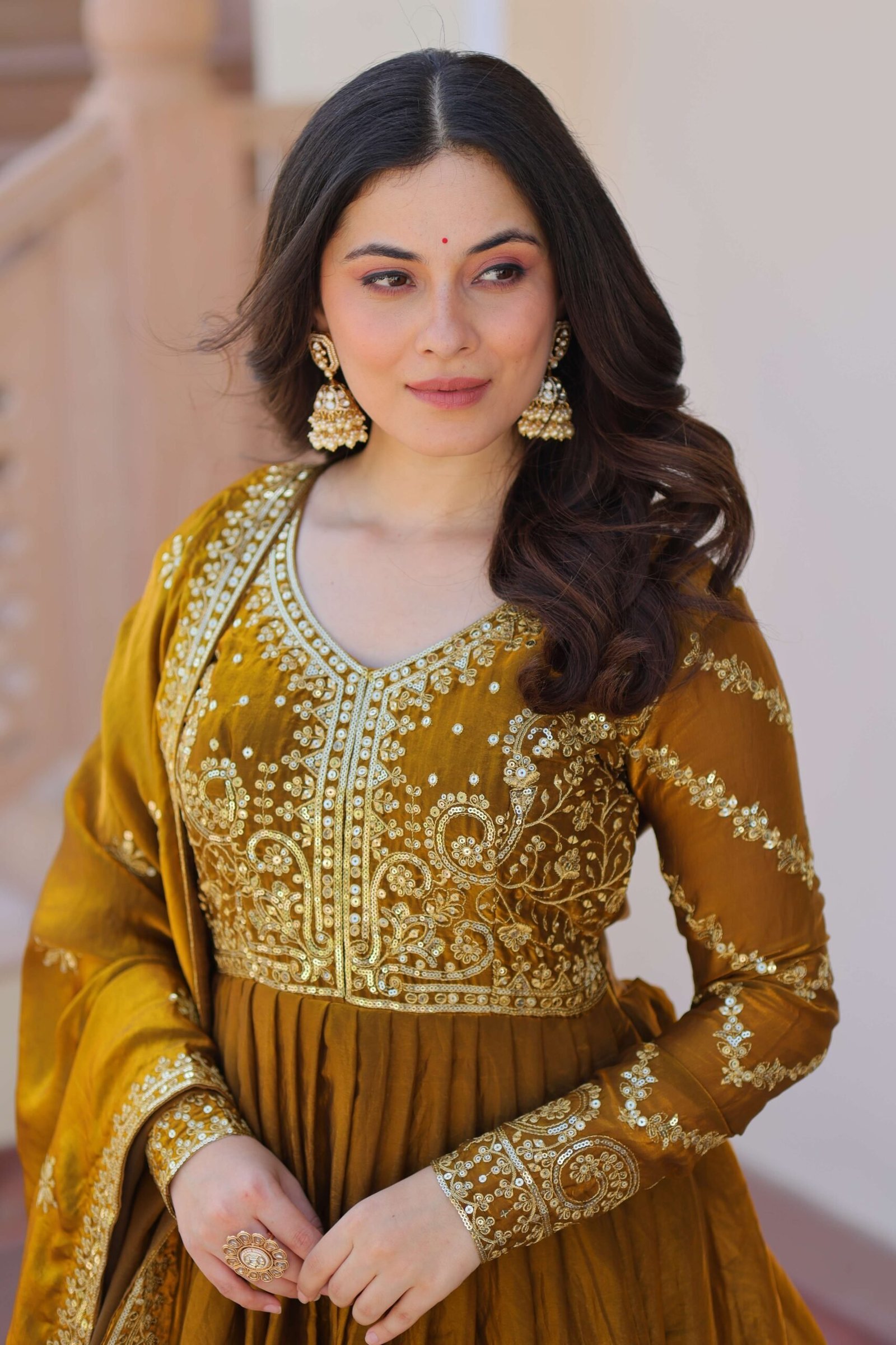Mehandi Premium Fendy Fabric Gown with Sequins-Multi Embroidered Dupatta ? Elegant Partywear