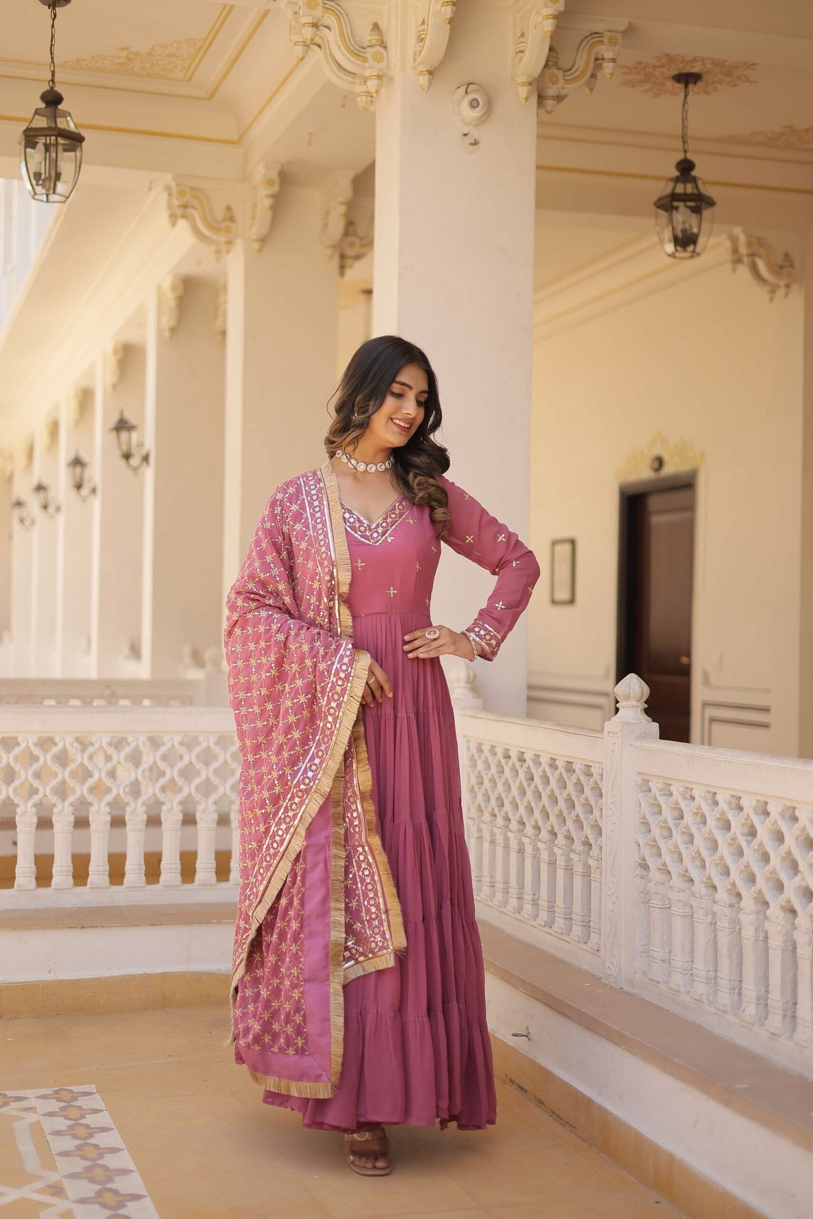 Onion Designer Faux Georgette Gown with Sequined Dupatta ? Elegant Festive & Party Wear Set