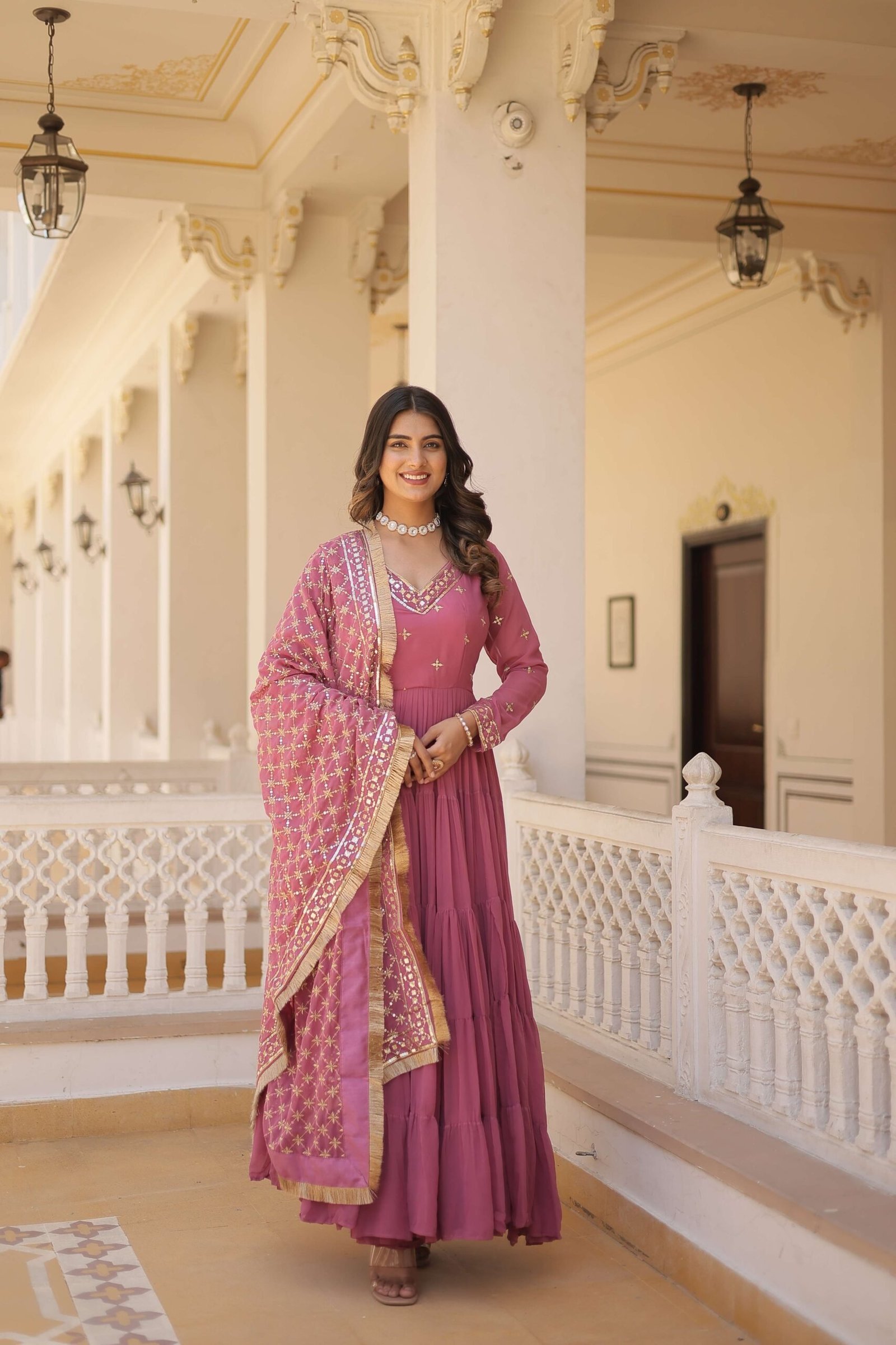 Onion Designer Faux Georgette Gown with Sequined Dupatta ? Elegant Festive & Party Wear Set