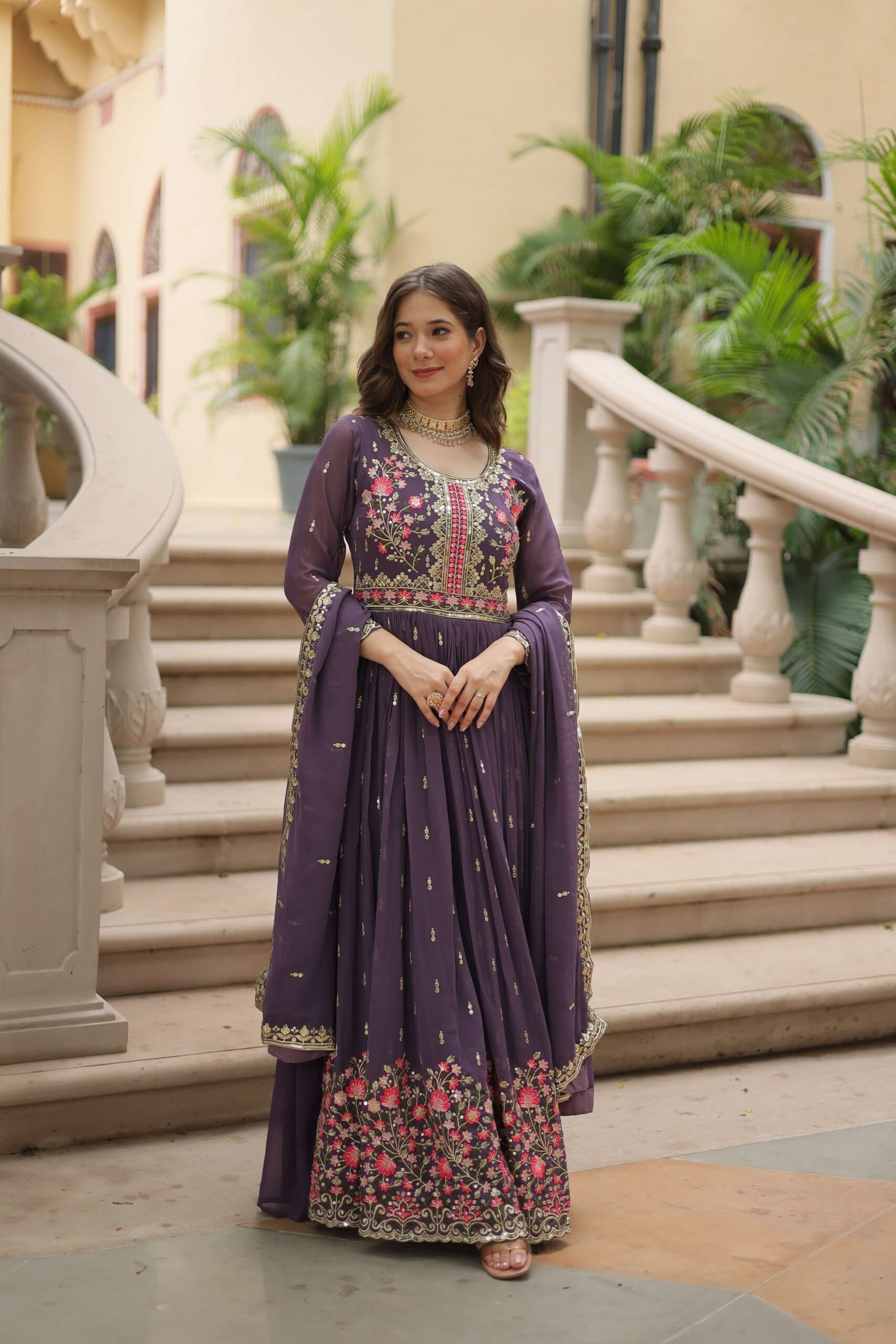 Onion Faux Georgette Sequins Embroidered Kurti with Sharara & Dupatta Set