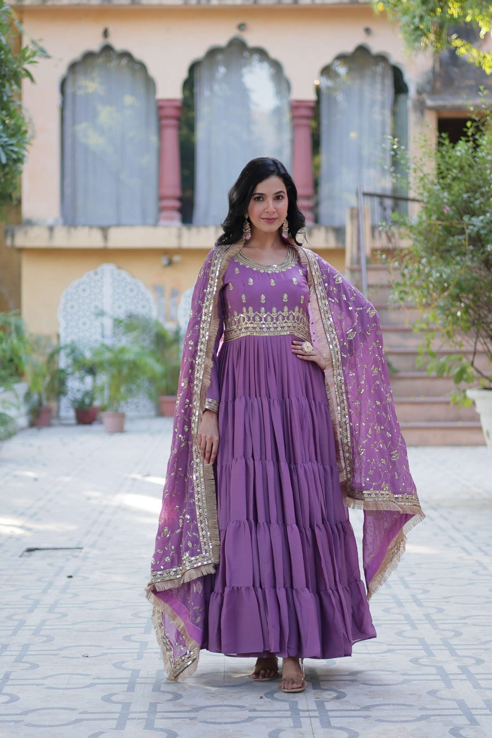 Onion Star Georgette Fully Flared Gown with Sequins Embroidered Dupatta & Lace Border