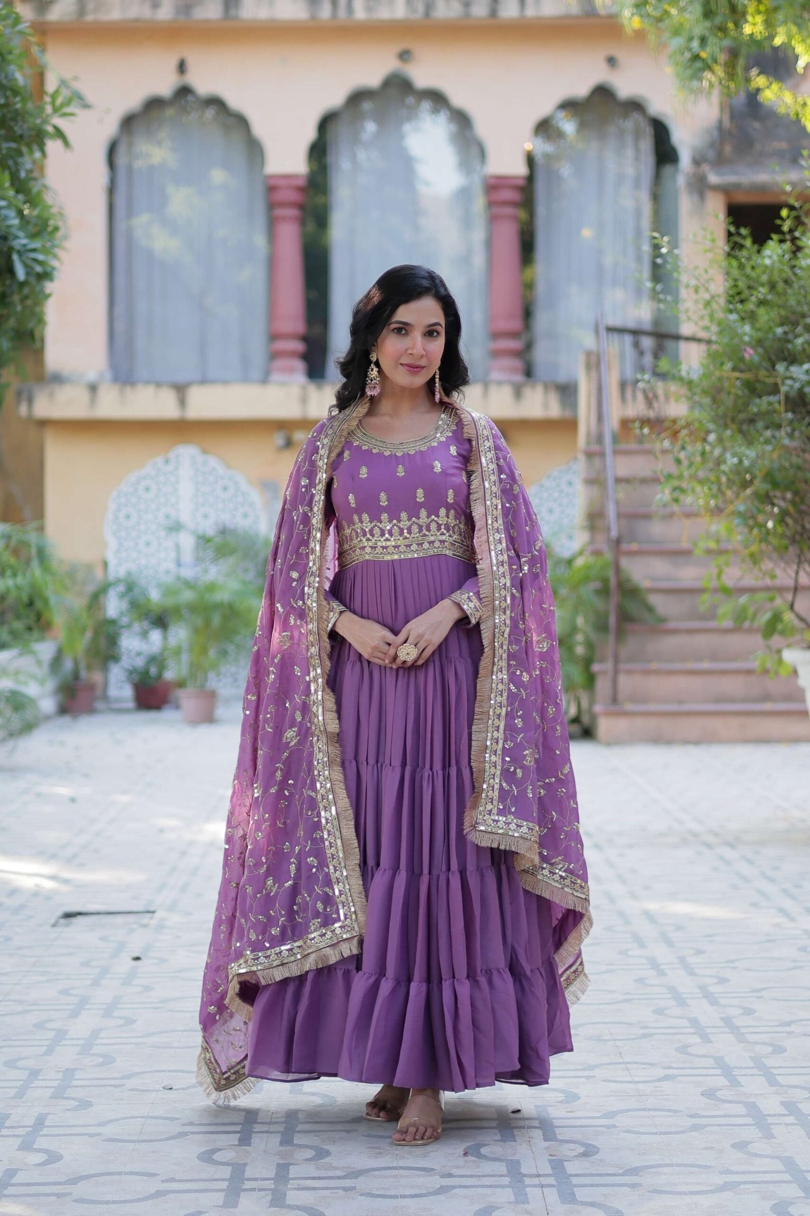 Onion Star Georgette Fully Flared Gown with Sequins Embroidered Dupatta & Lace Border