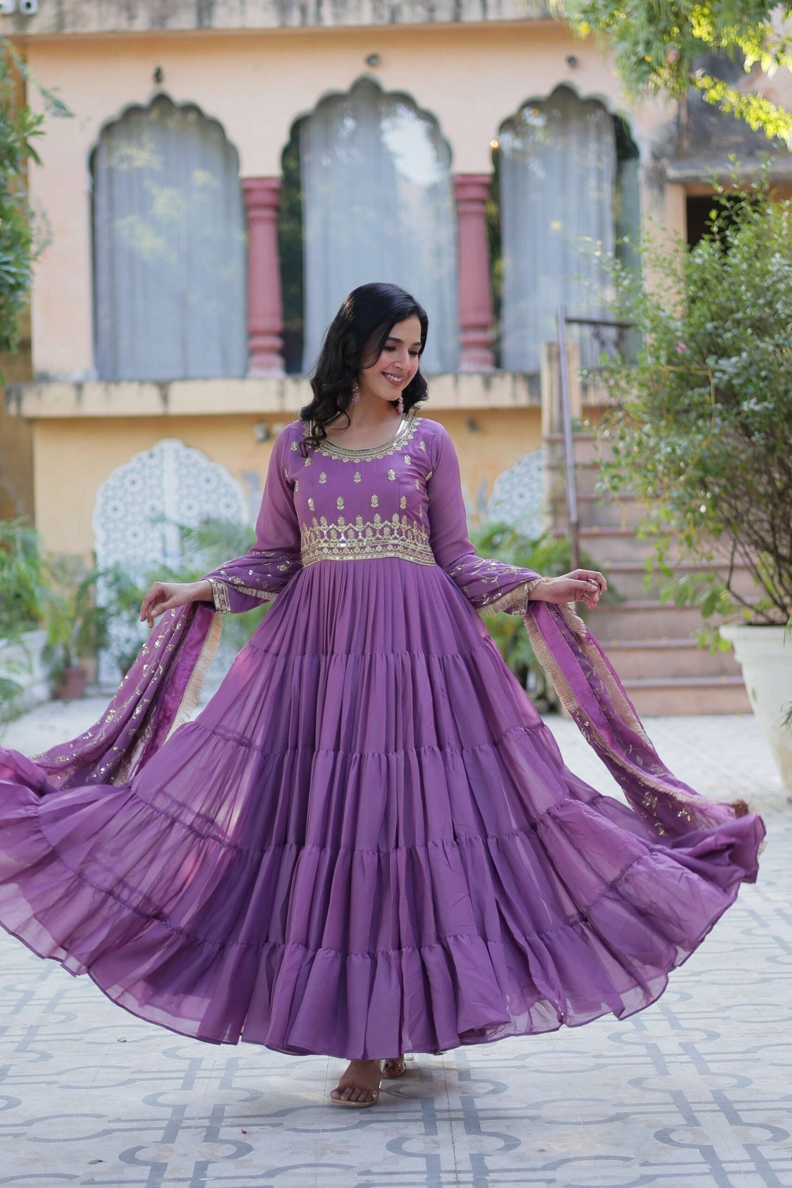 Onion Star Georgette Fully Flared Gown with Sequins Embroidered Dupatta & Lace Border