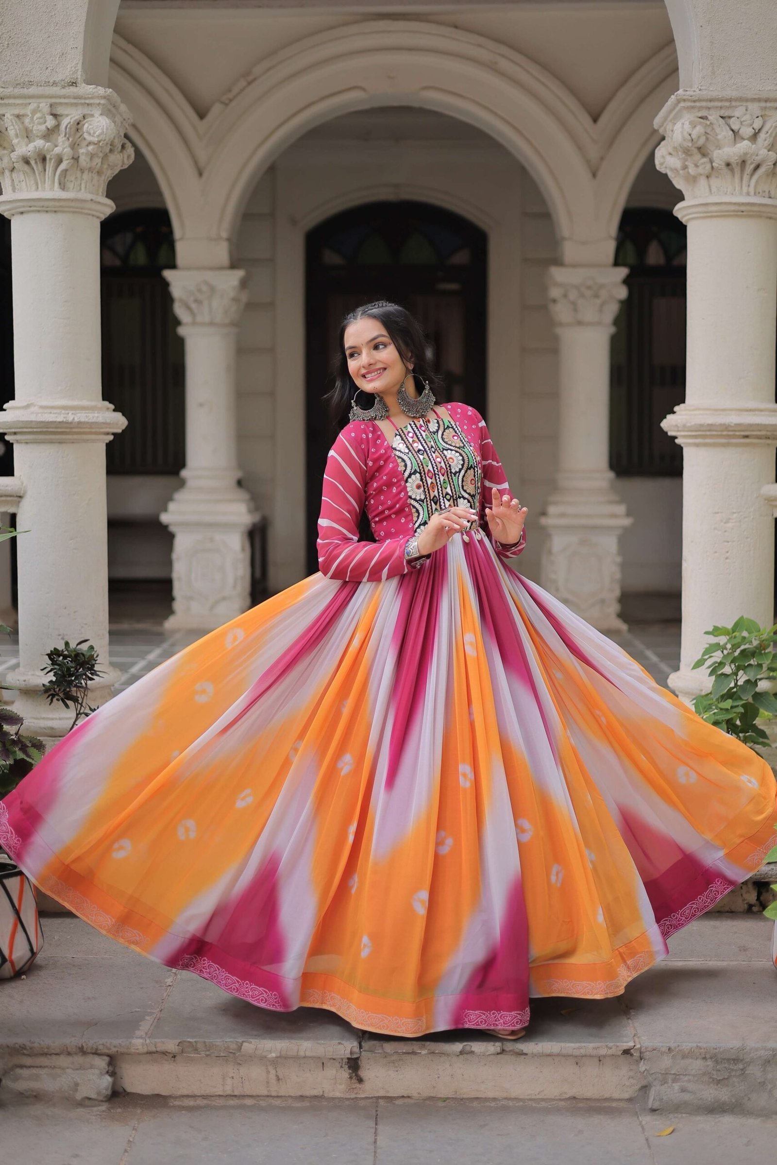 Orange Faux Georgette Bandhej Navratri Gown with Gamthi Embroidery & Mirror Work ? Elegant Ethnic Wear for Women