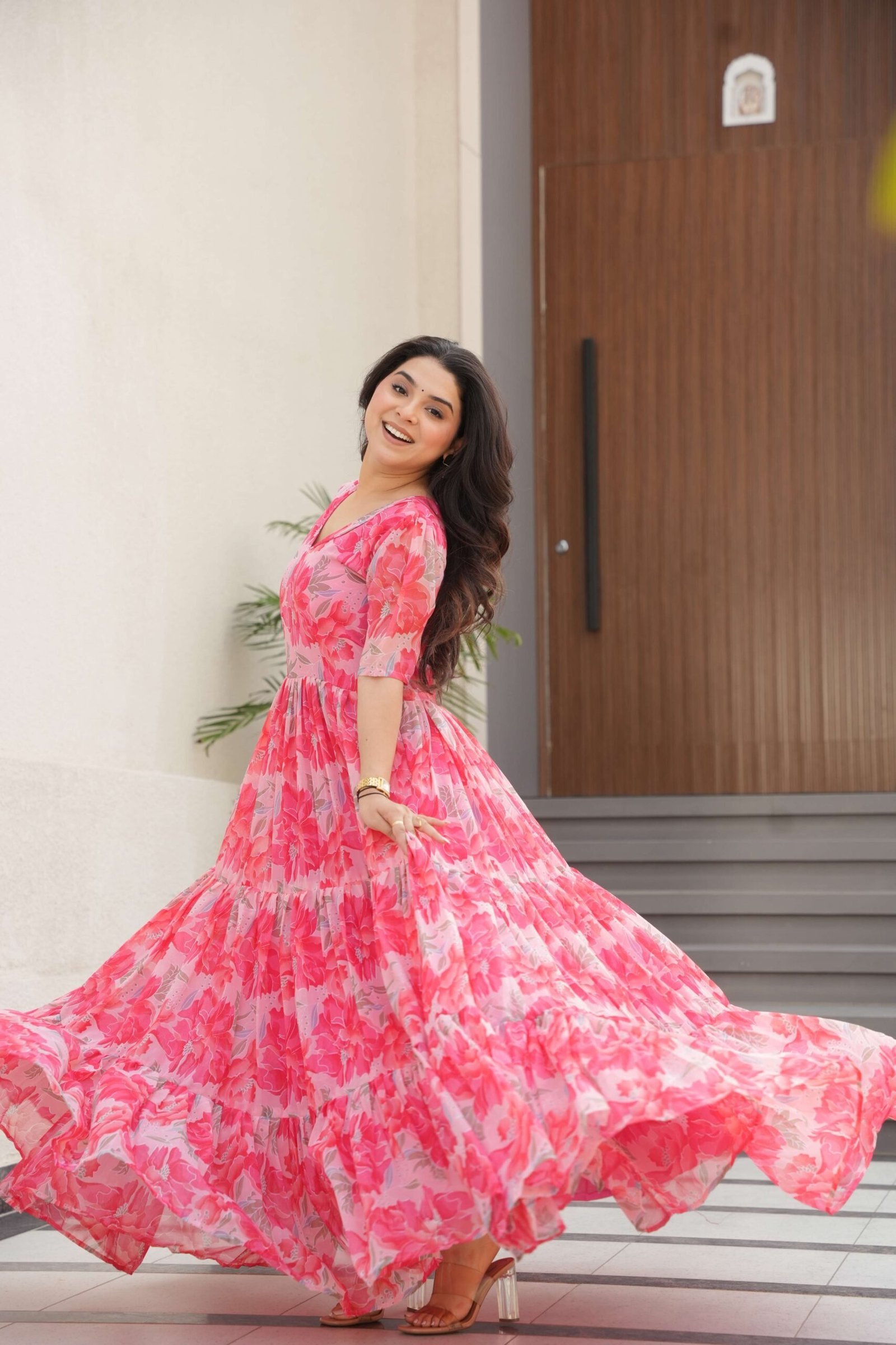 Peach Premium Faux Georgette Printed Gown ? Fully Flared & Elegant