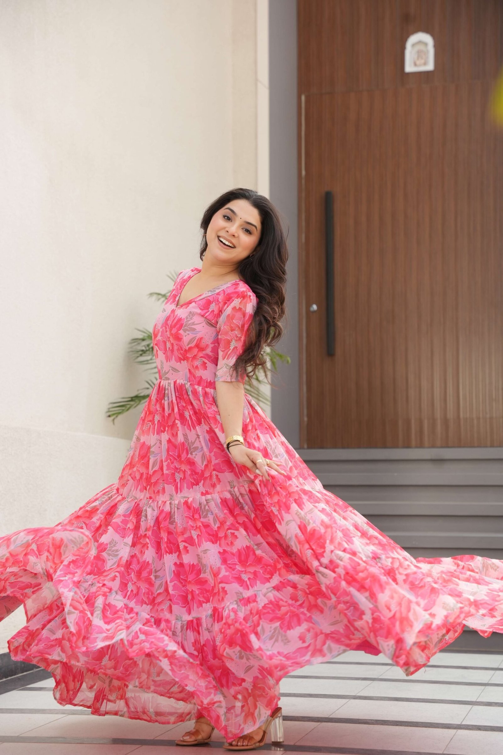 Peach Premium Faux Georgette Printed Gown ? Fully Flared & Elegant