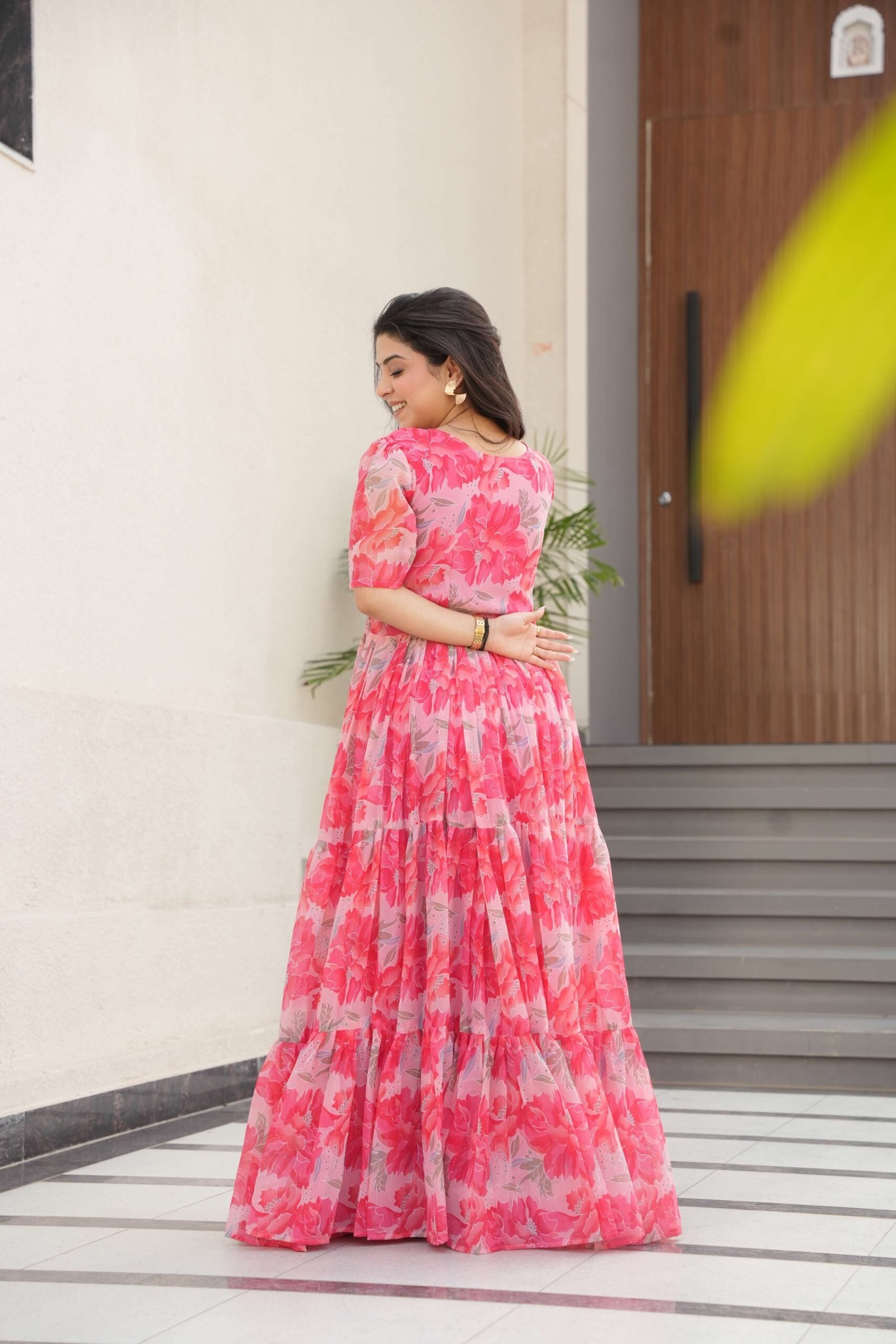 Peach Premium Faux Georgette Printed Gown ? Fully Flared & Elegant