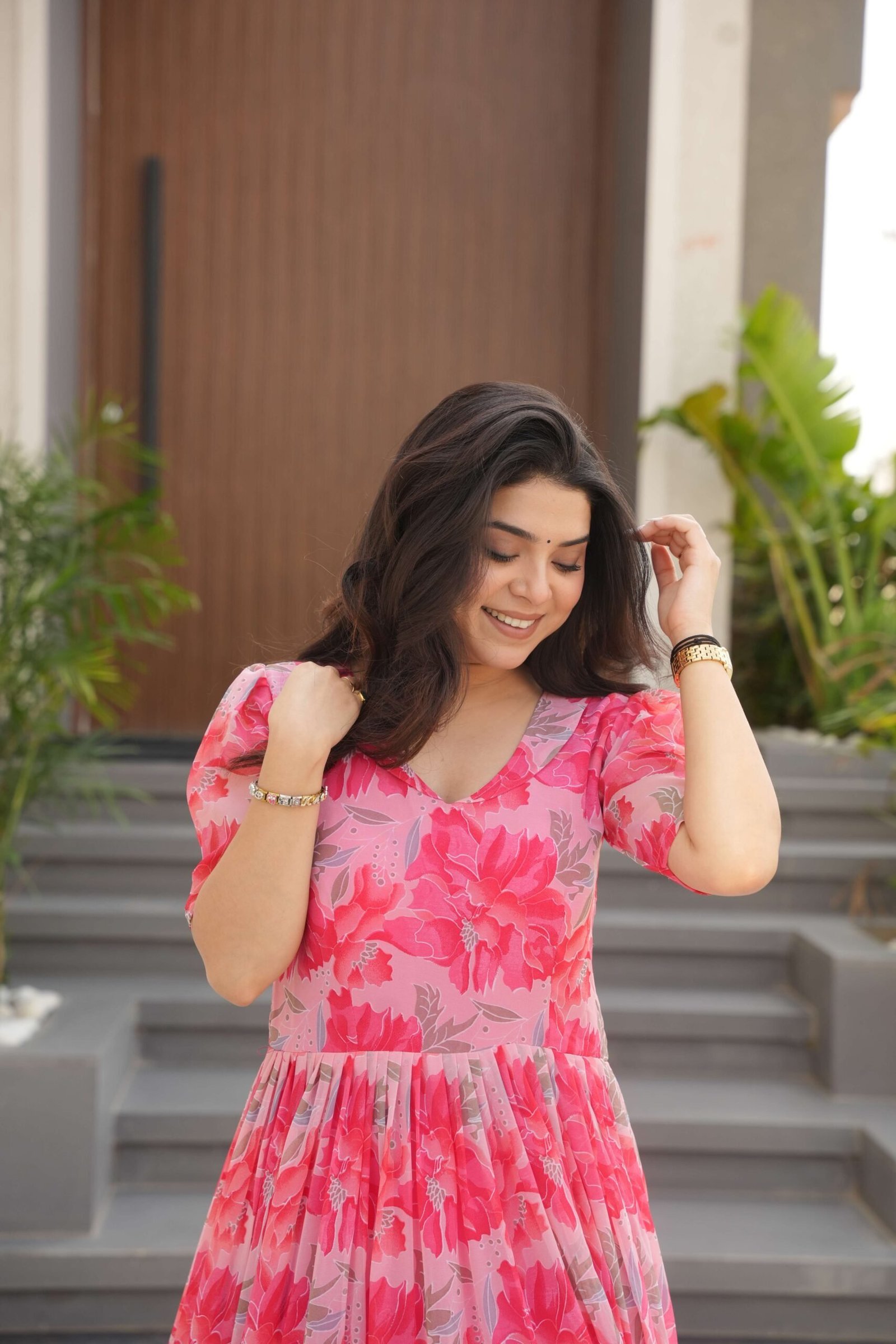 Peach Premium Faux Georgette Printed Gown ? Fully Flared & Elegant