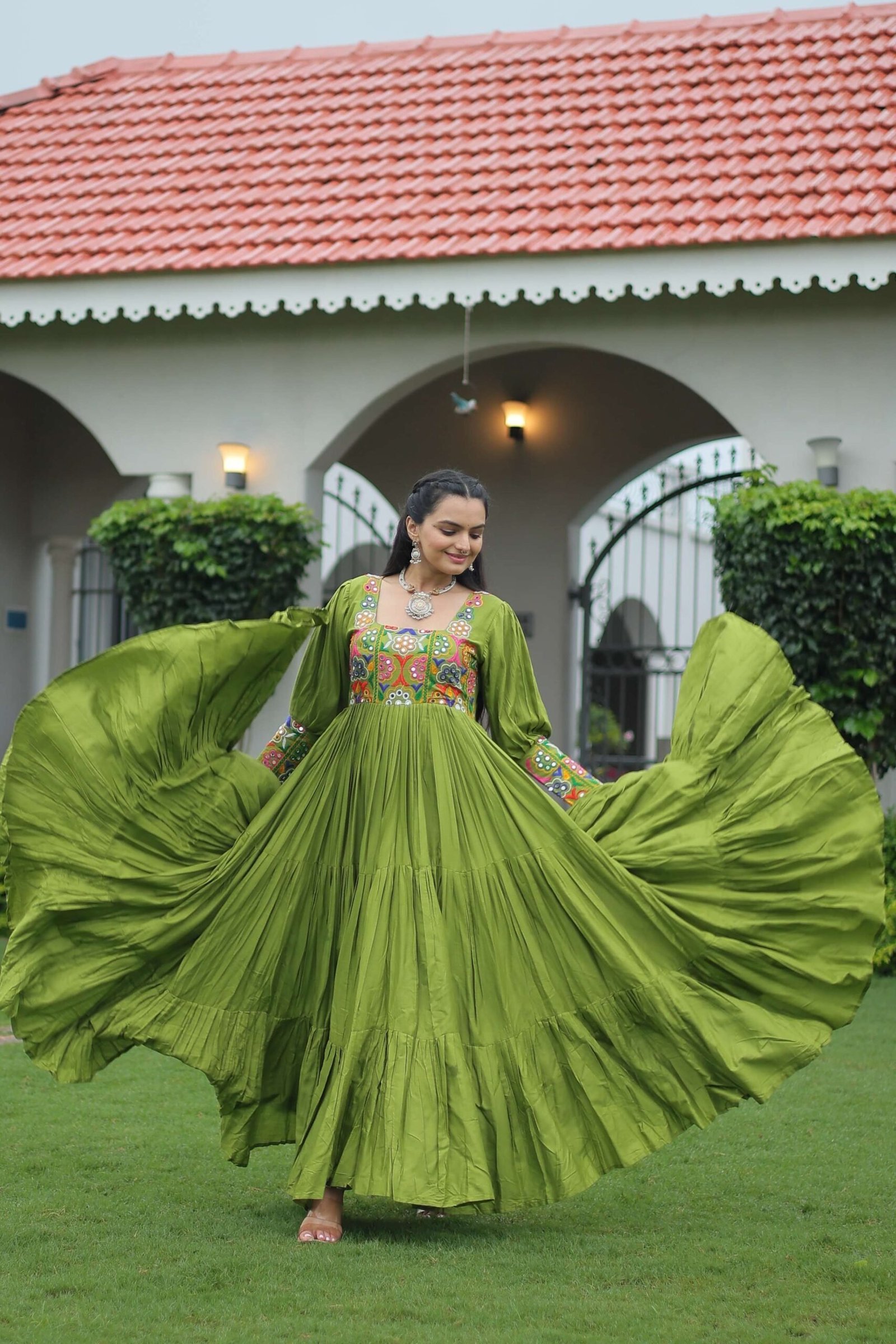 Perot Navratri Special 14 Kg Reyon Designer Gown with Kutchi Gamthi Work ? Flared Ethnic Wear for Women