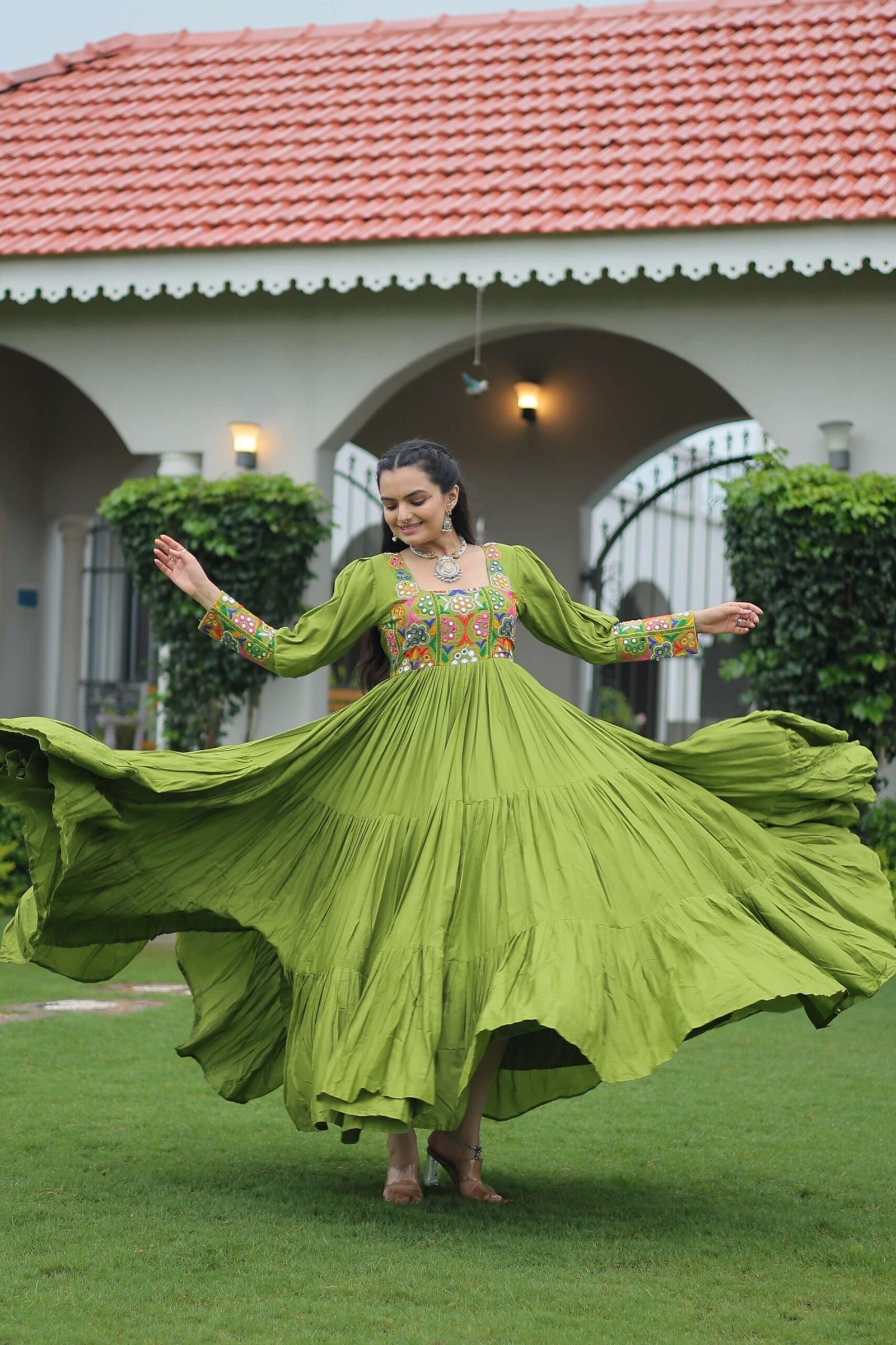 Perot Navratri Special 14 Kg Reyon Designer Gown with Kutchi Gamthi Work ? Flared Ethnic Wear for Women