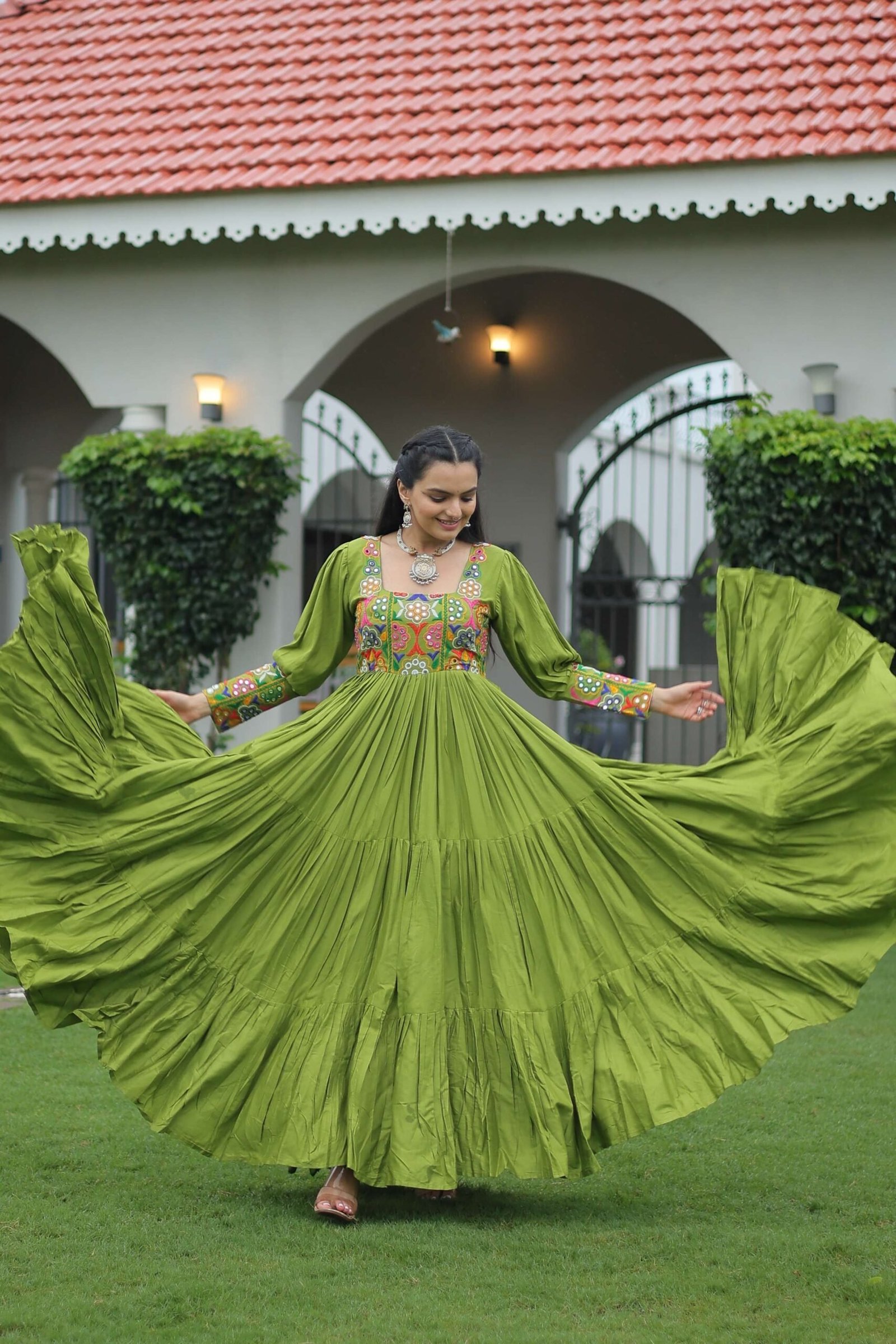 Perot Navratri Special 14 Kg Reyon Designer Gown with Kutchi Gamthi Work ? Flared Ethnic Wear for Women