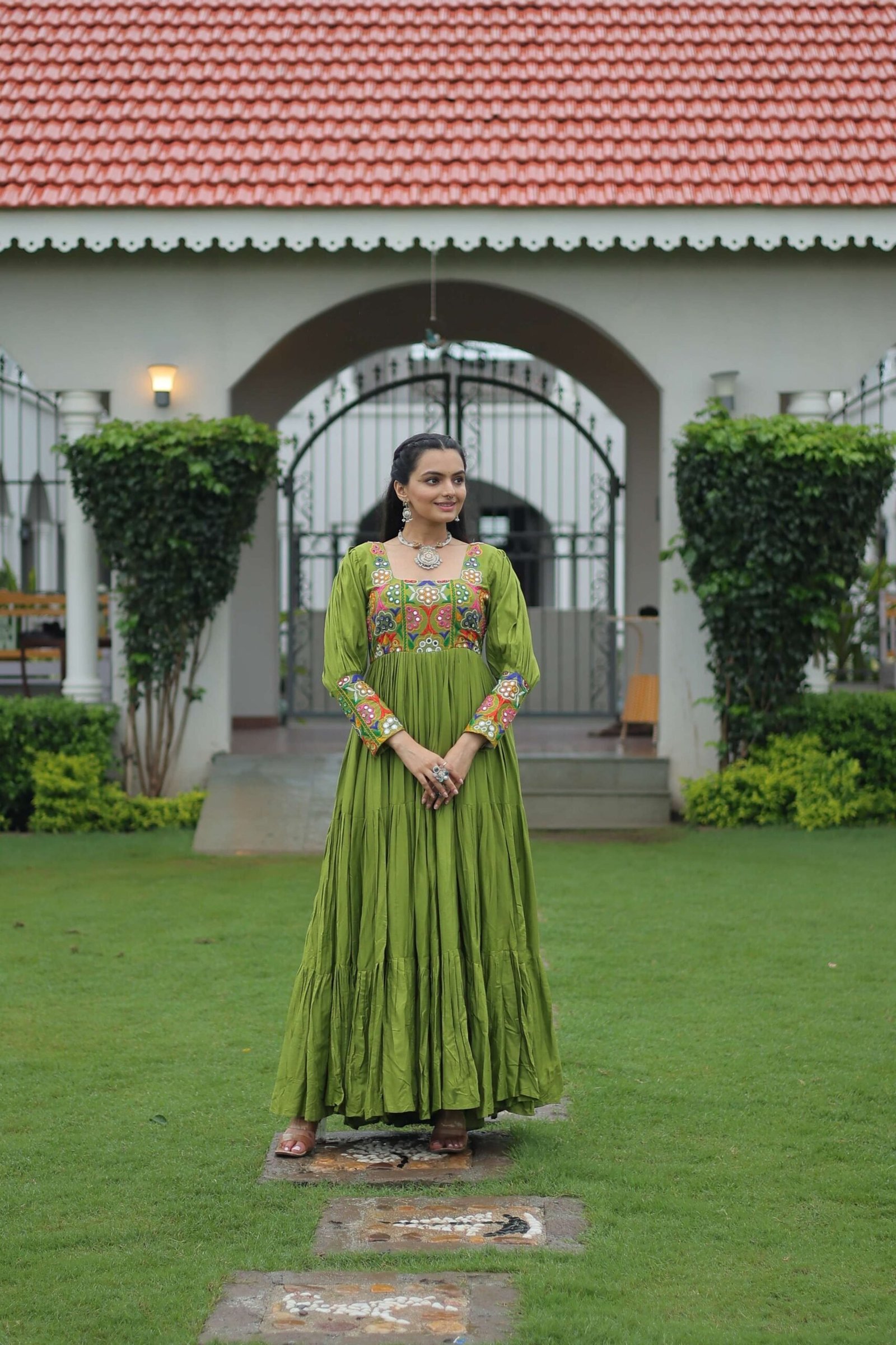 Perot Navratri Special 14 Kg Reyon Designer Gown with Kutchi Gamthi Work ? Flared Ethnic Wear for Women