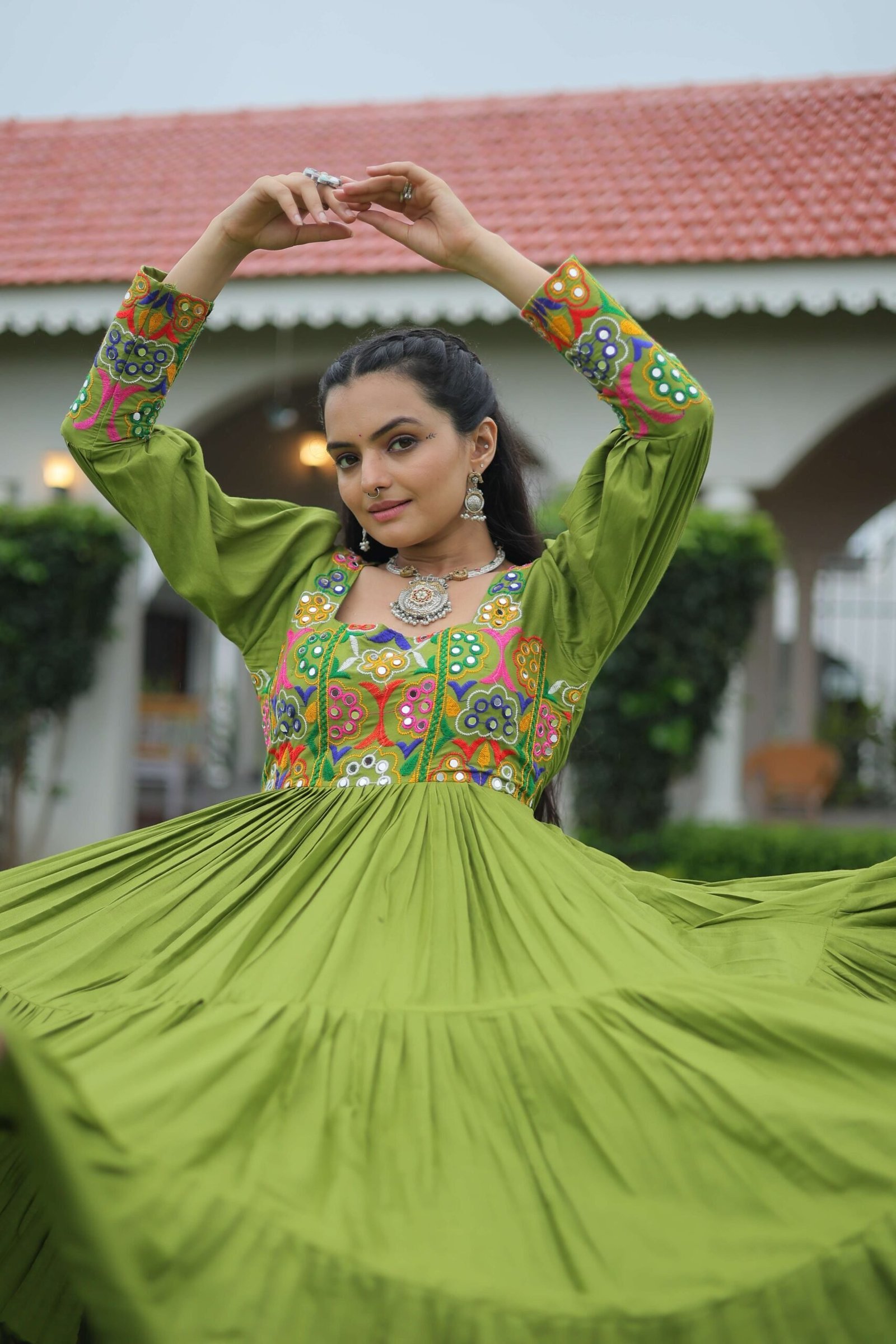Perot Navratri Special 14 Kg Reyon Designer Gown with Kutchi Gamthi Work ? Flared Ethnic Wear for Women