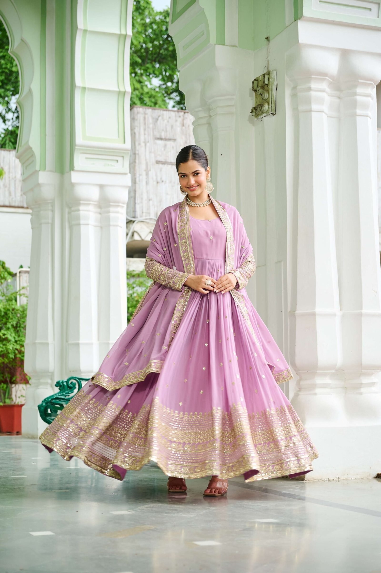 Pink Designer Faux Georgette Gown with Dupatta ? Embroidered & Sequins Work Ethnic Set for Women