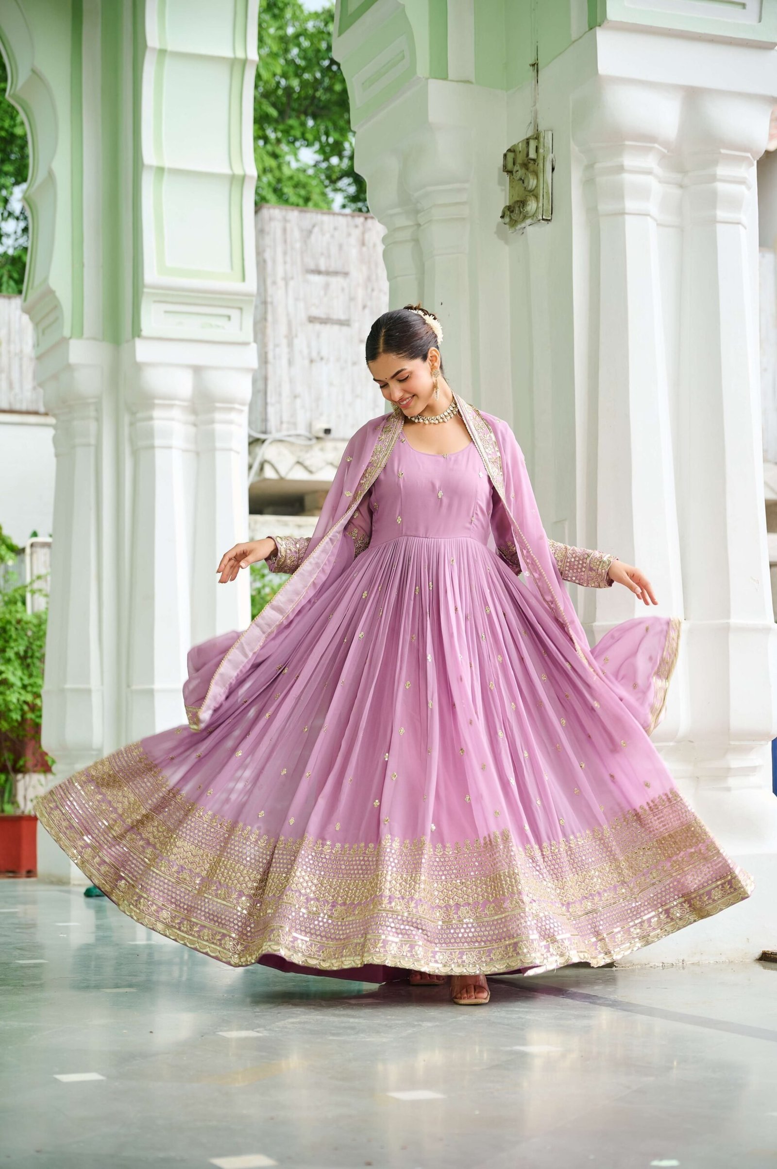 Pink Designer Faux Georgette Gown with Dupatta ? Embroidered & Sequins Work Ethnic Set for Women