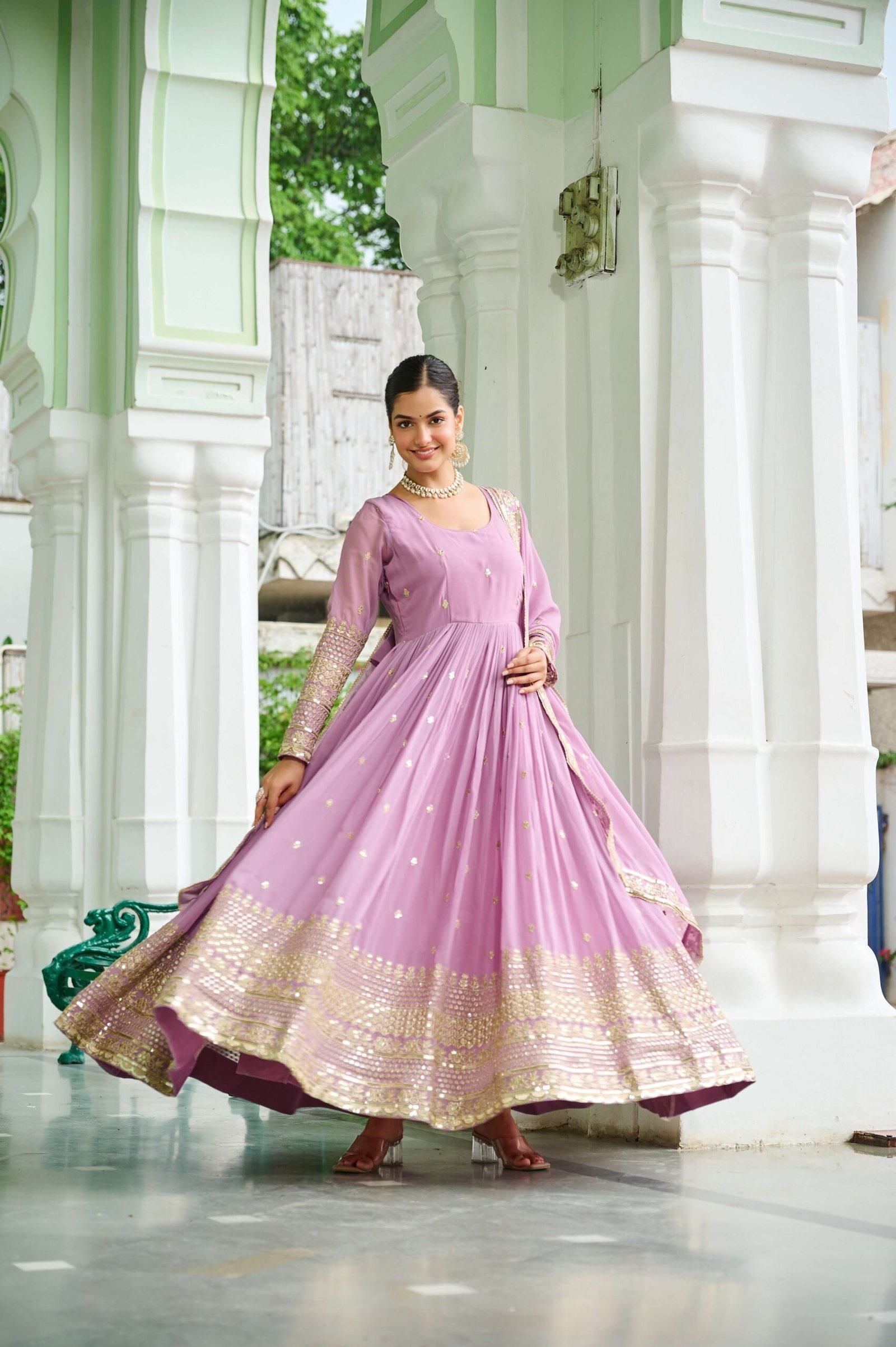 Pink Designer Faux Georgette Gown with Dupatta ? Embroidered & Sequins Work Ethnic Set for Women